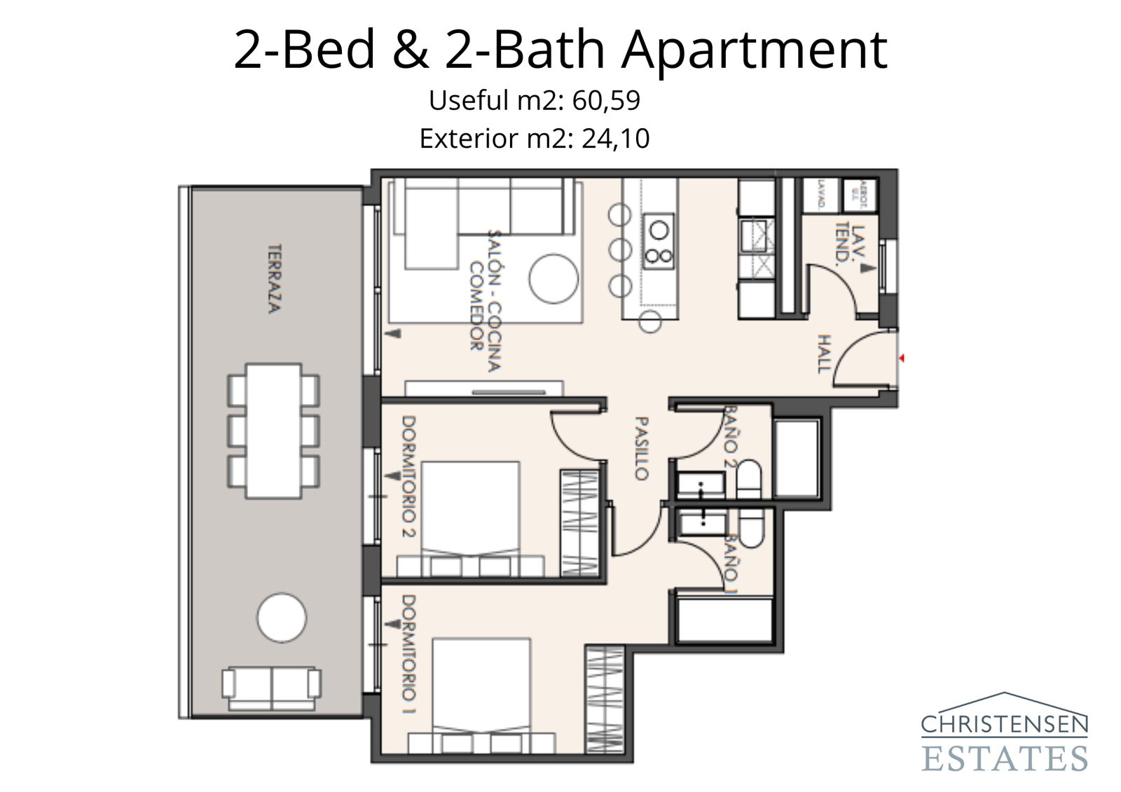 Grundriss für eine Zwei-Schlafzimmer-Wohnung mit funktionaler Aufteilung, offenem Wohnbereich und großer Terrasse.