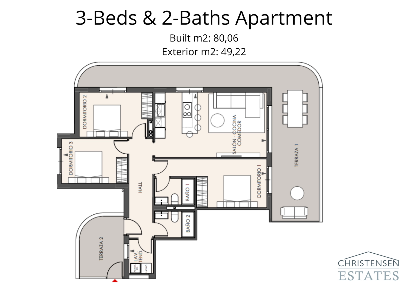 Diese geräumige Drei-Schlafzimmer-Aufteilung umfasst großzügige Innenräume und zwei separate Terrassen, die den Outdoor-Lebensstil bereichern.
