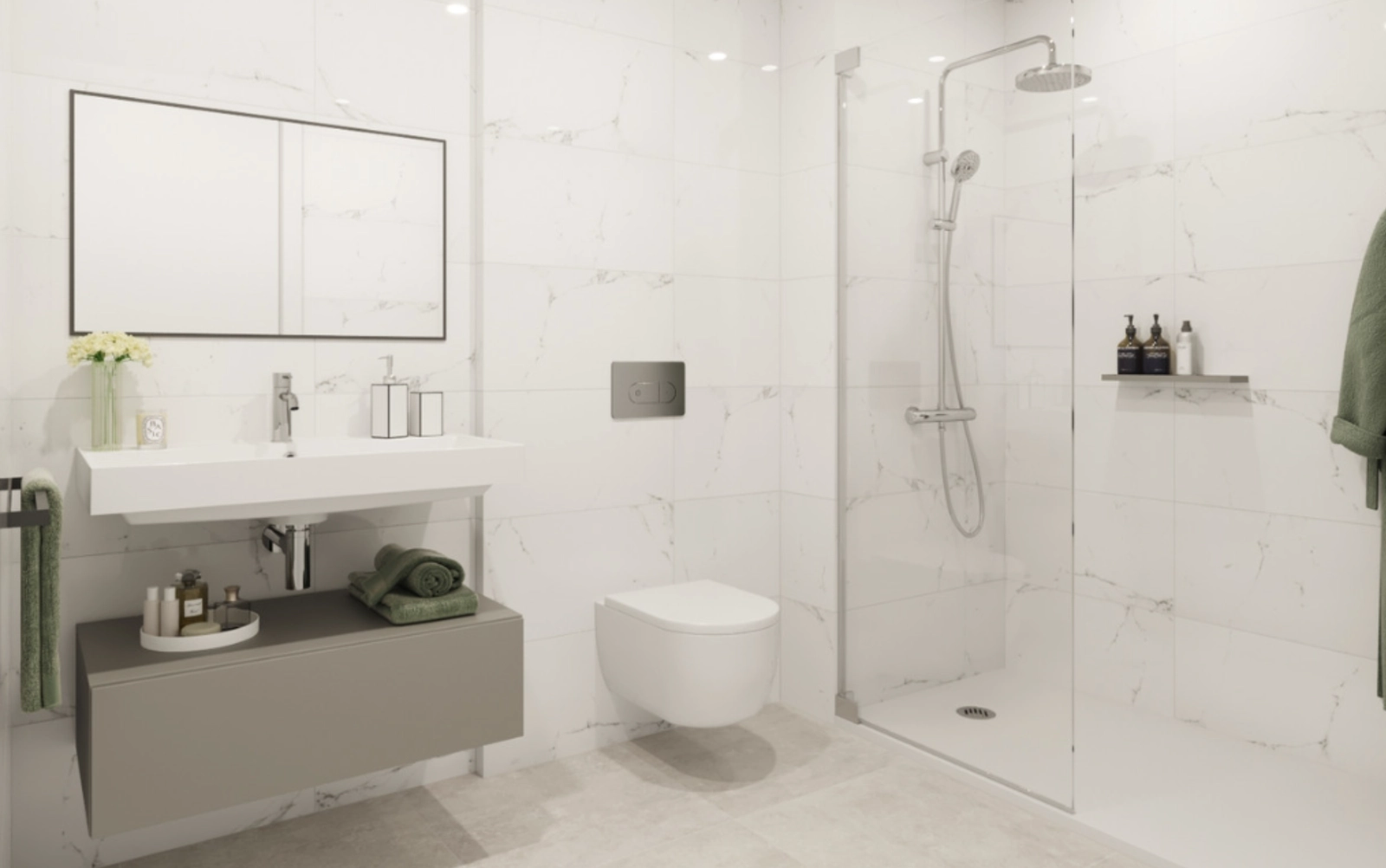Ein elegantes und modernes Badezimmer mit hochwertiger Ausstattung und einer geräumigen ebenerdigen Dusche.