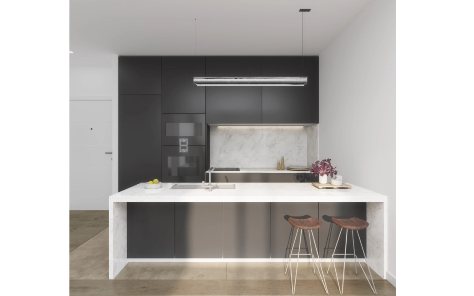 Eine moderne, voll ausgestattete Küche mit einer stilvollen Insel, perfekt zum Kochen und für gesellige Anlässe.