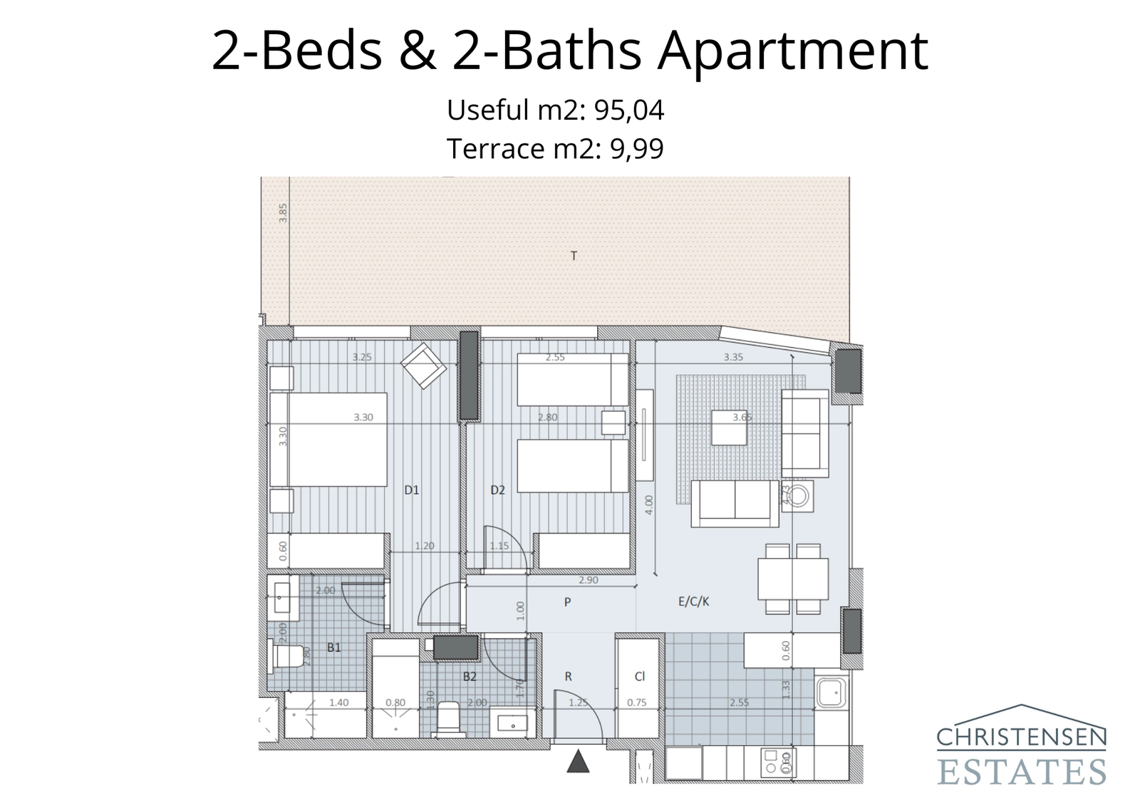 Grundriss einer Zweizimmerwohnung mit cleverer Aufteilung, die die Schlafbereiche vom offenen Wohnbereich trennt, für maximalen Komfort und Privatsphäre.
