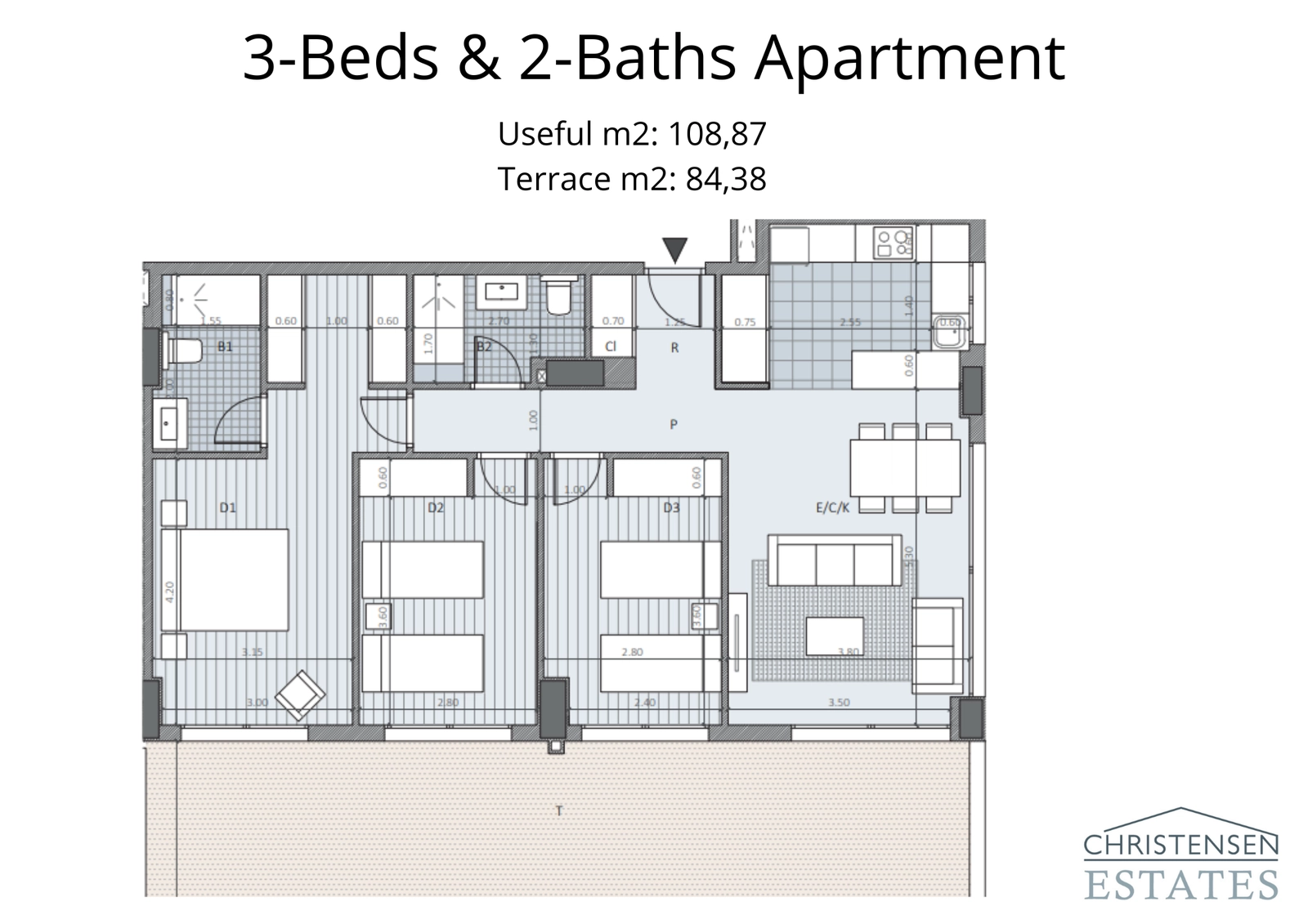Dieser Grundriss einer Dreizimmerwohnung verfügt über einen geräumigen Wohn- und Küchenbereich, der sich auf eine weitläufige Terrasse öffnet, ideal für ein Leben drinnen und draußen.
