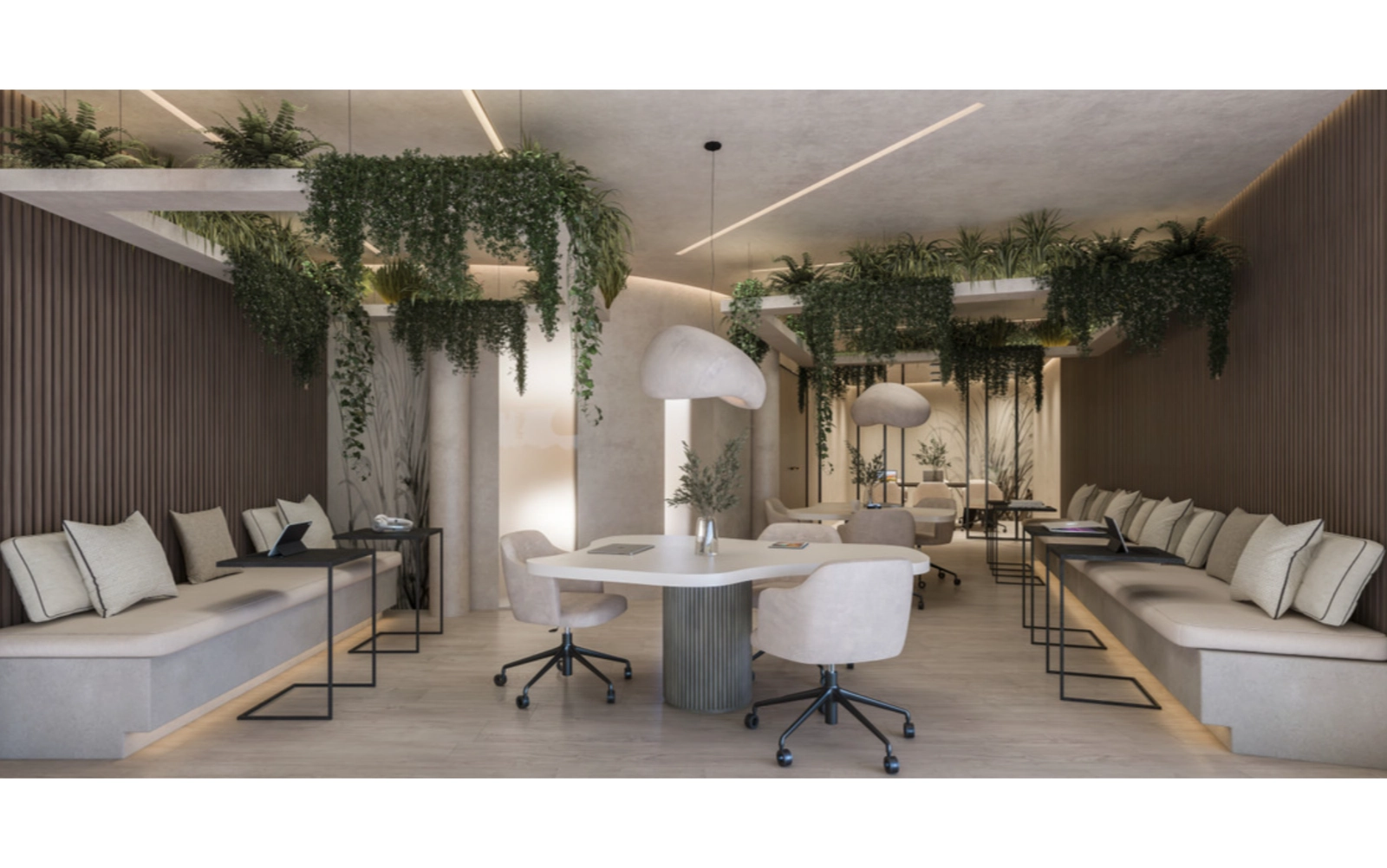 Ein moderner Co-Working-Bereich ermöglicht es Bewohnern, in professioneller Umgebung zu arbeiten oder sich zu treffen.