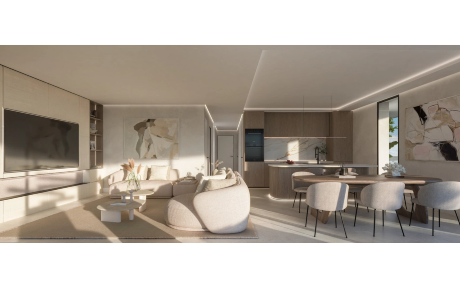 Sonnenlicht durchflutet das elegante Wohnzimmer und schafft eine warme, einladende Atmosphäre zum Entspannen.