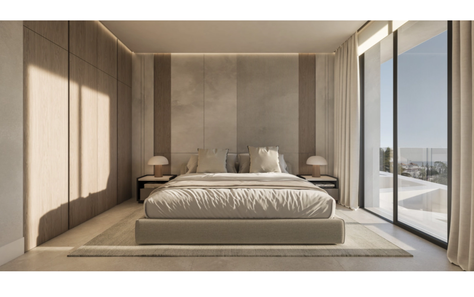 Das ruhige Hauptschlafzimmer bietet direkten Zugang zur Terrasse und schöne Ausblicke.