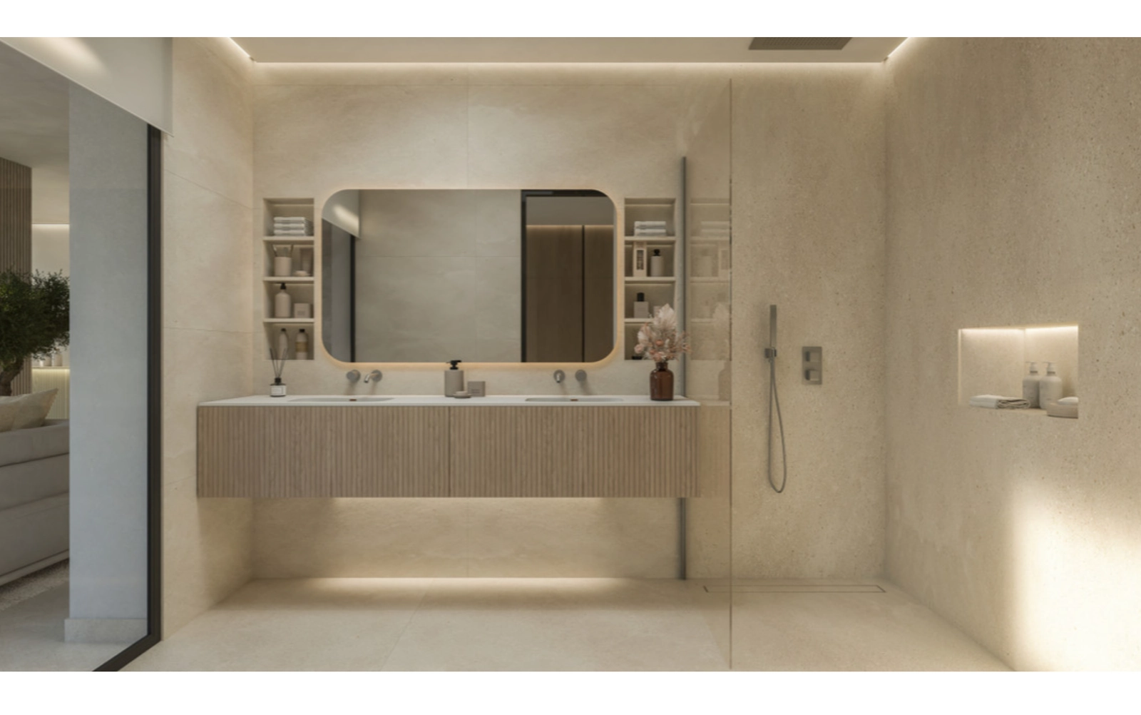 Ein wunderschön ausgestattetes Badezimmer mit Doppelwaschtisch, das Luxus mit praktischem Design verbindet.