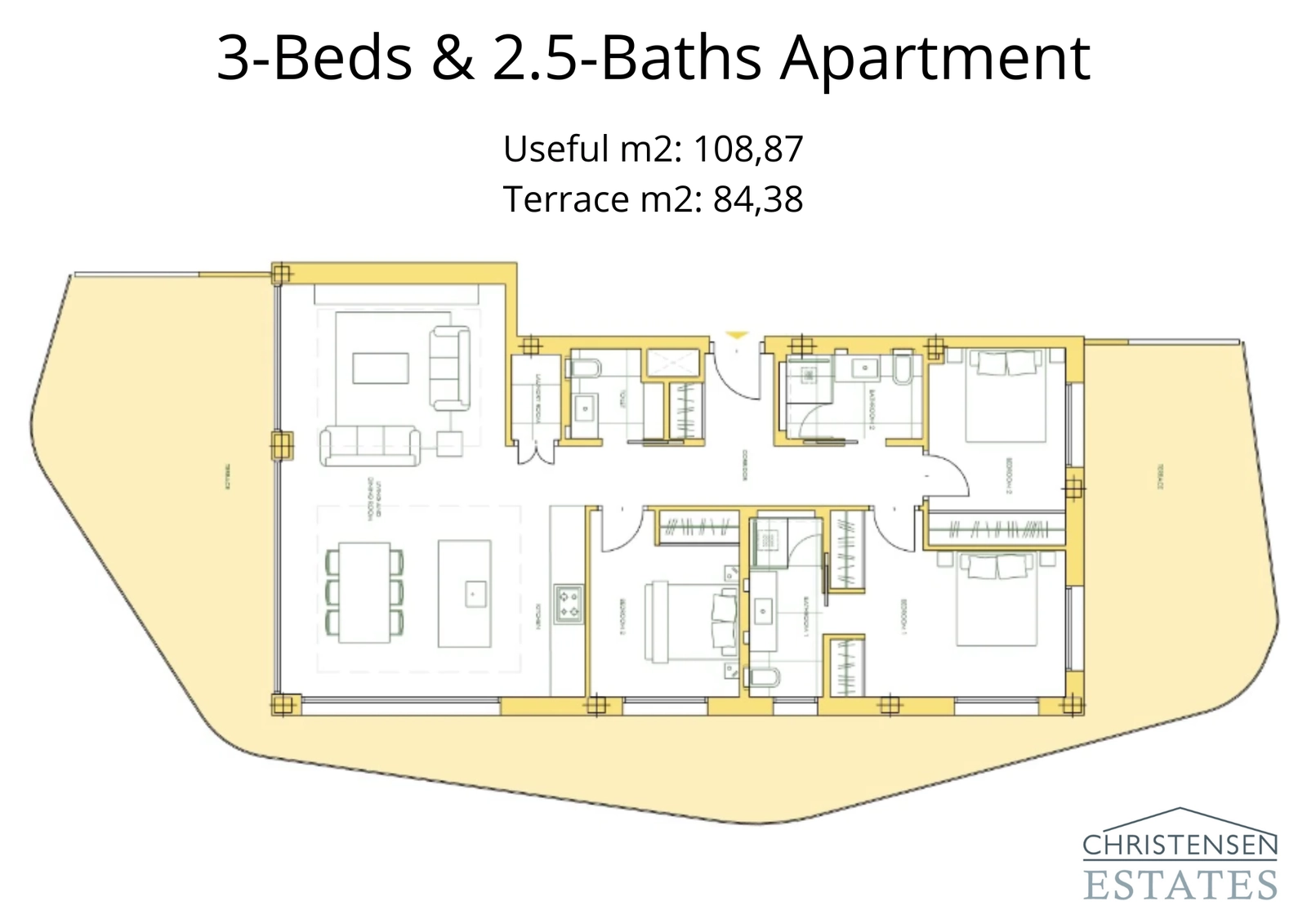 Der Dreizimmer-Grundriss bietet viel Platz für Familien, mit einer großzügigen Terrasse, die sich perfekt zum Essen und Entspannen im Freien eignet.