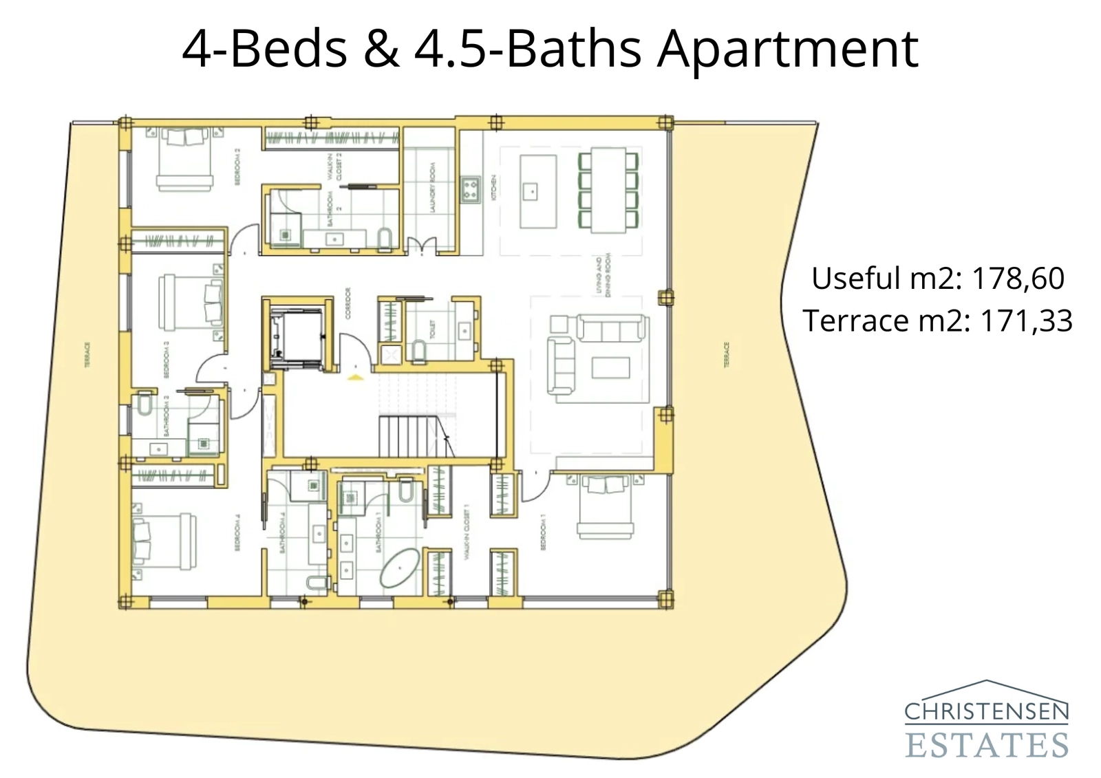 Ein geräumiger Grundriss einer Vierzimmer-Dachgeschosswohnung, konzipiert für luxuriöses Wohnen, mit weitläufigen Innenräumen und einer umlaufenden Terrasse.