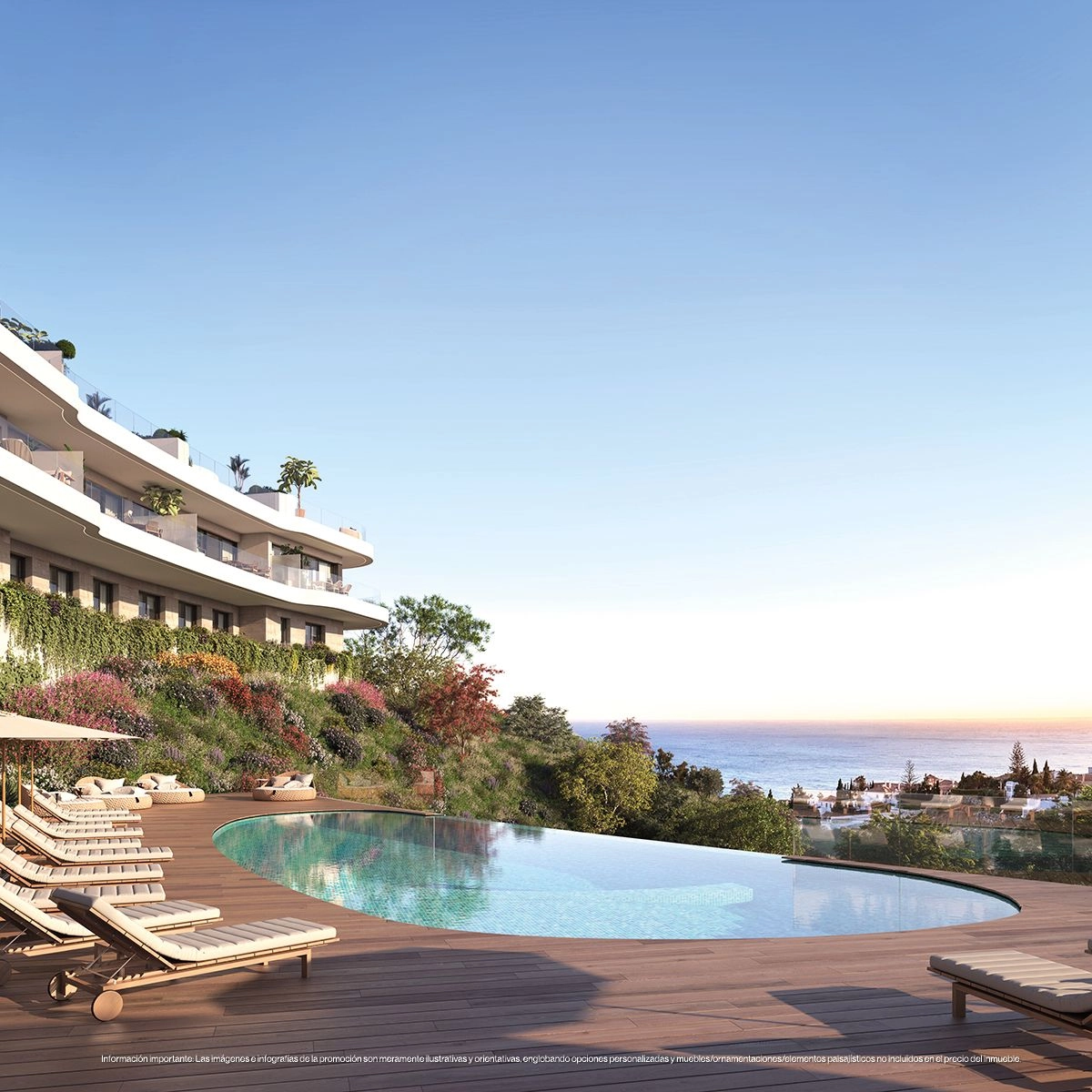 Entspannen Sie am beeindruckenden Gemeinschaftspool mit Panoramablick auf das Mittelmeer und die Küste der Costa del Sol.