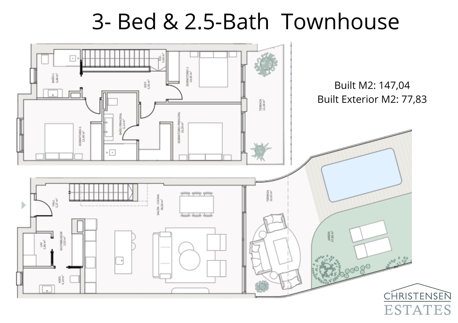 Dieses geräumige Reihenhaus mit drei Schlafzimmern trennt Wohn- und Schlafbereiche auf zwei Etagen und verfügt über eine großzügige Terrasse und einen privaten Pool.