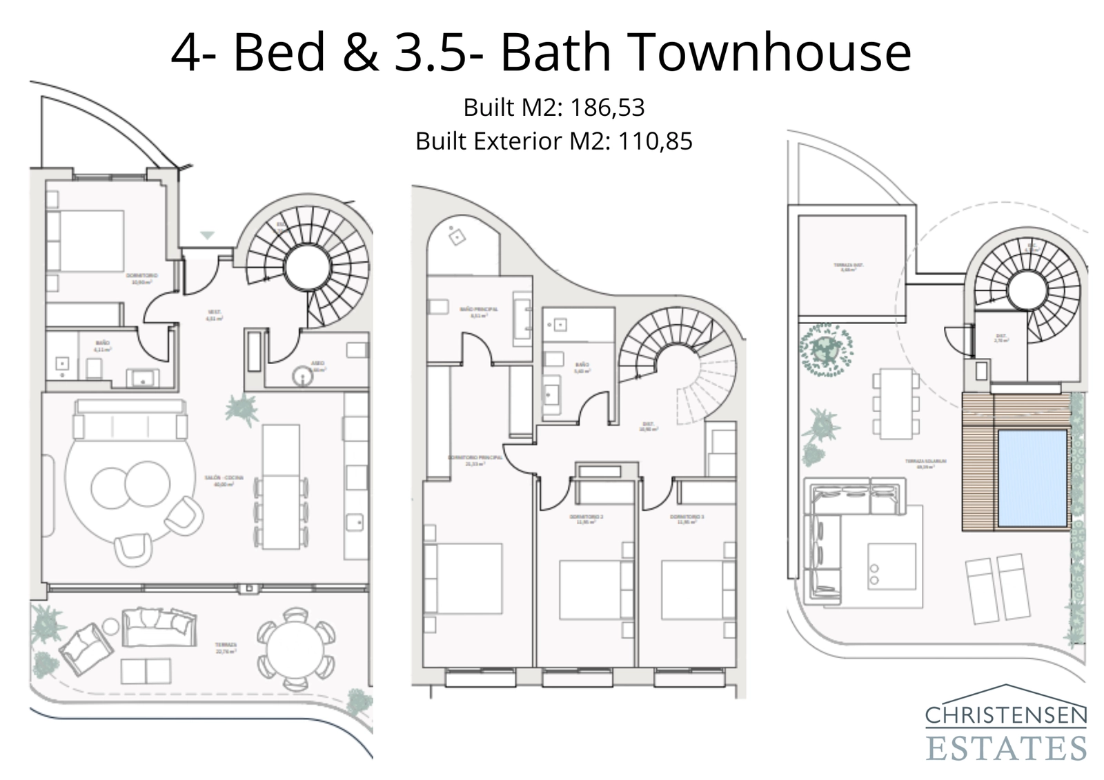 Ein weitläufiges Haus mit vier Schlafzimmern, konzip für Komfort und Luxus, mit mehreren Terrassen und einem privaten Dachpool.