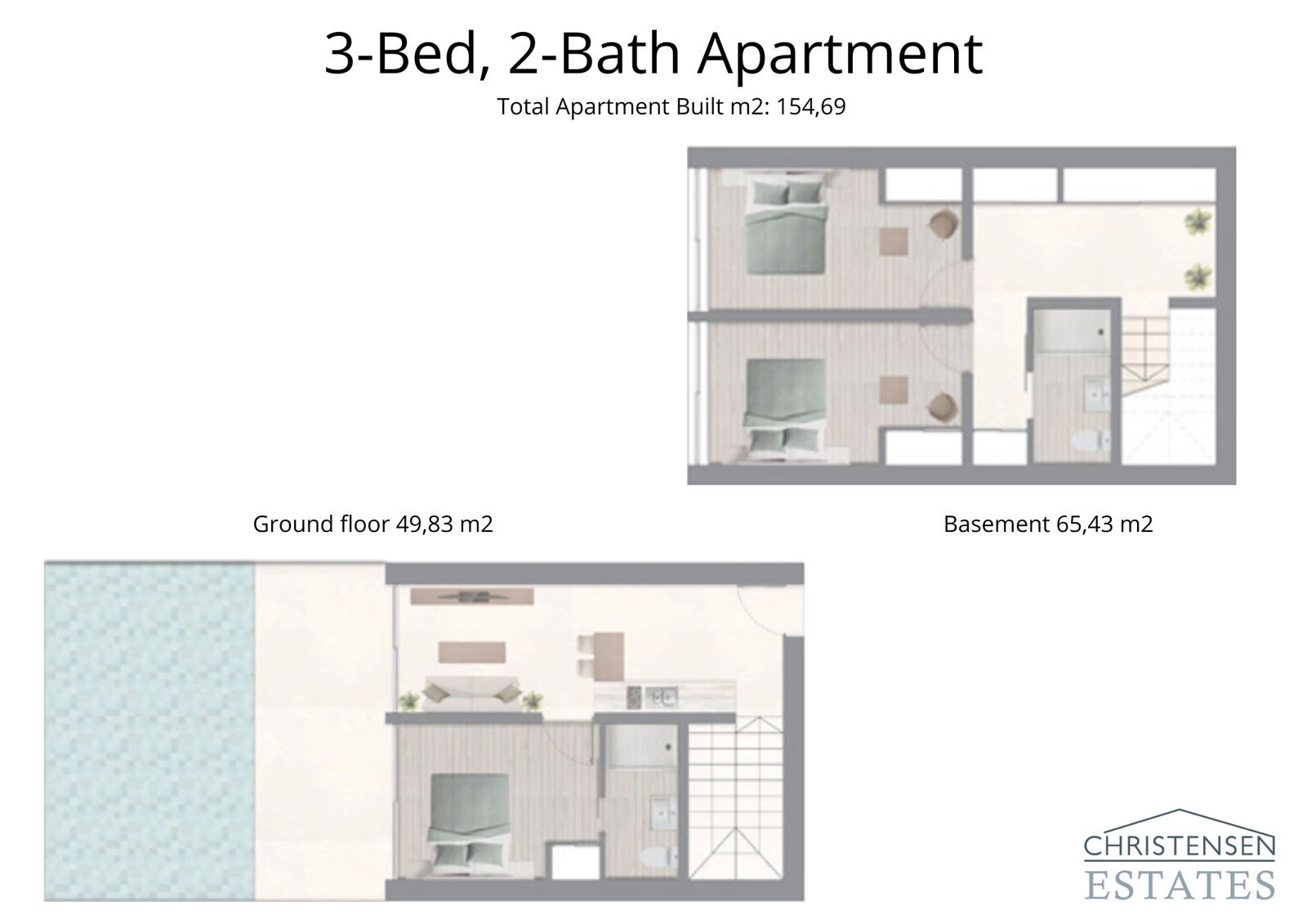 Ein Grundriss einer Drei-Schlafzimmer-Duplex-Wohnung mit direktem Terrassenzugang zum Gemeinschaftspool, ideal für Familien.
