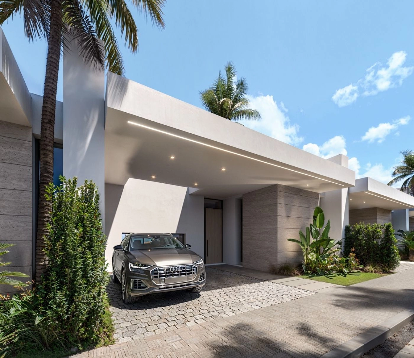 Der elegante Eingang und der überdachte Parkplatz spiegeln den modernen architektonischen Stil dieser Luxushäuser wider.