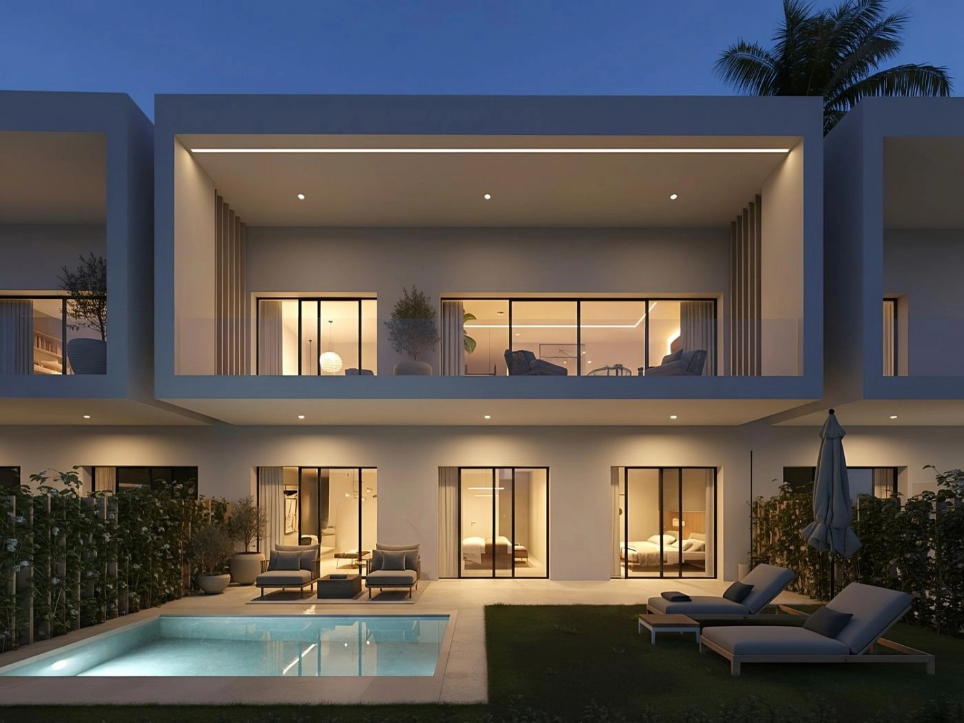 Das Äußere der Villa bei Nacht, das die klaren Linien ihrer Architektur und das einladende Leuchten des privaten Pools hervorhebt.