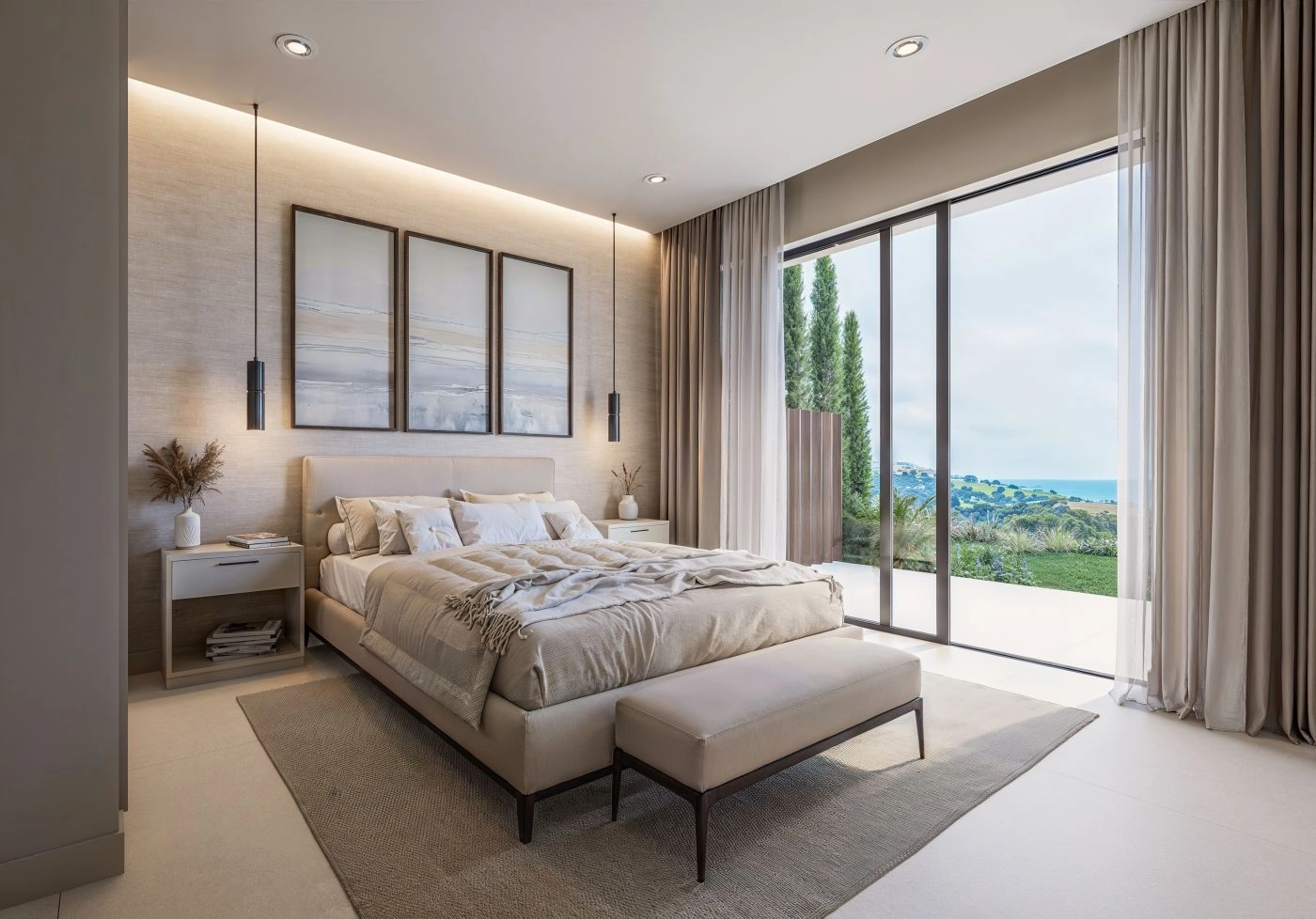 Das Hauptschlafzimmer ist ein Refugium der Ruhe und bietet direkten Zugang zu einer privaten Terrasse und wunderschöne Ausblicke.