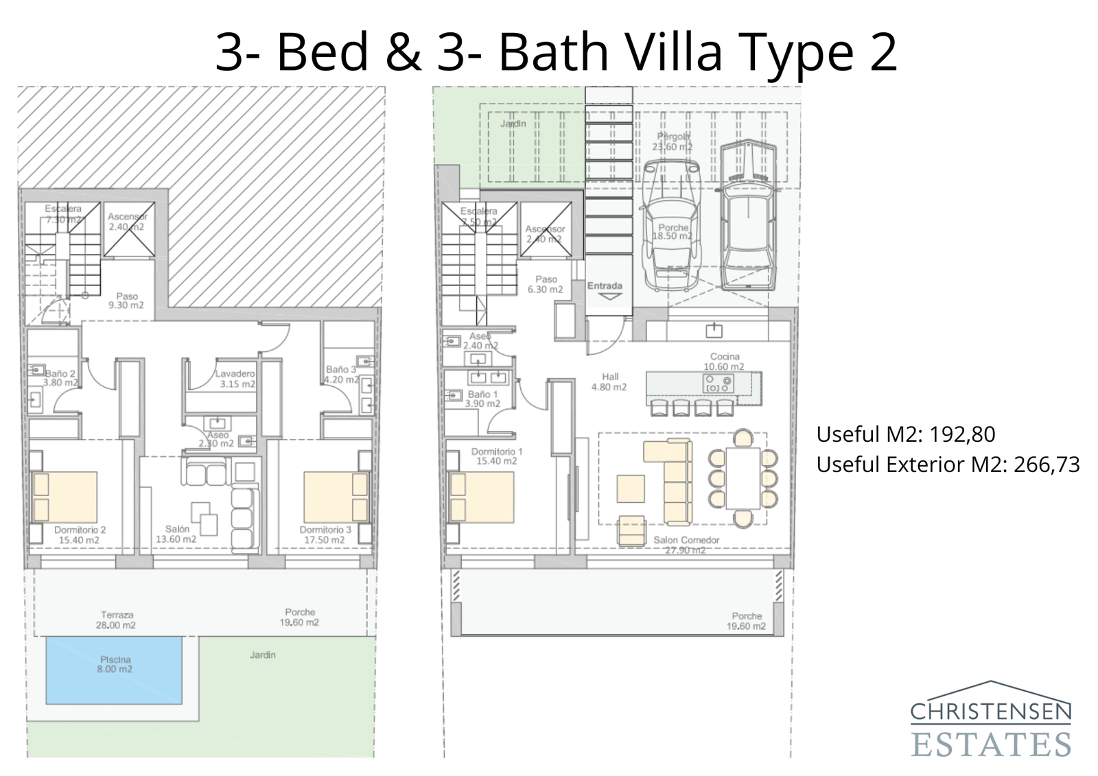 Grundriss der Villa Typ 2, der die großzügige Aufteilung mit drei Schlafzimmern mit Bad en-suite und geräumigen Wohnbereichen für modernen Komfort veranschaulicht.