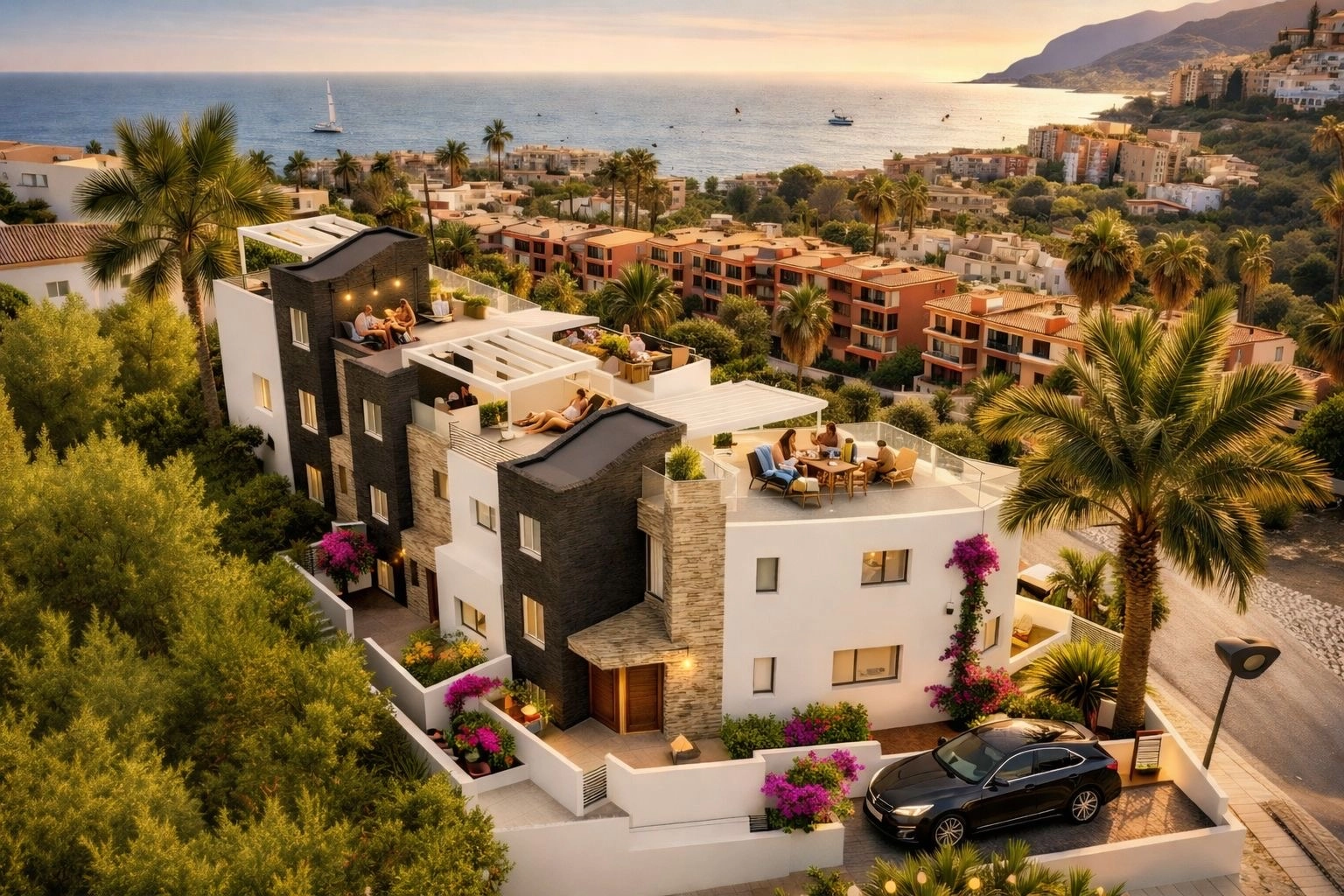 Wenn der Abend hereinbricht, werden die Dachterrassen zu perfekten Orten zum Entspannen und Genießen des Sonnenuntergangs über dem Mittelmeer.