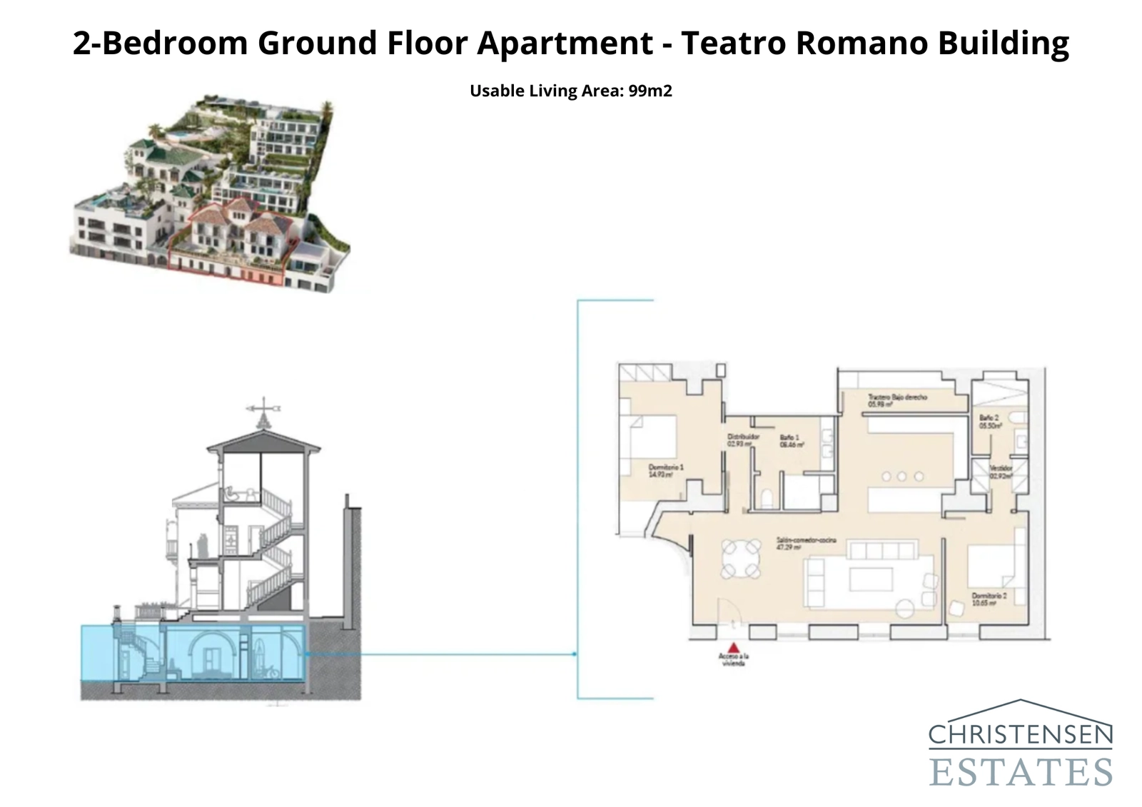 Diese Zweizimmer-Erdgeschosswohnung im Gebäude Teatro Romano bietet geräumige Innenräume und einfachen Zugang zu einer privaten Terrasse.