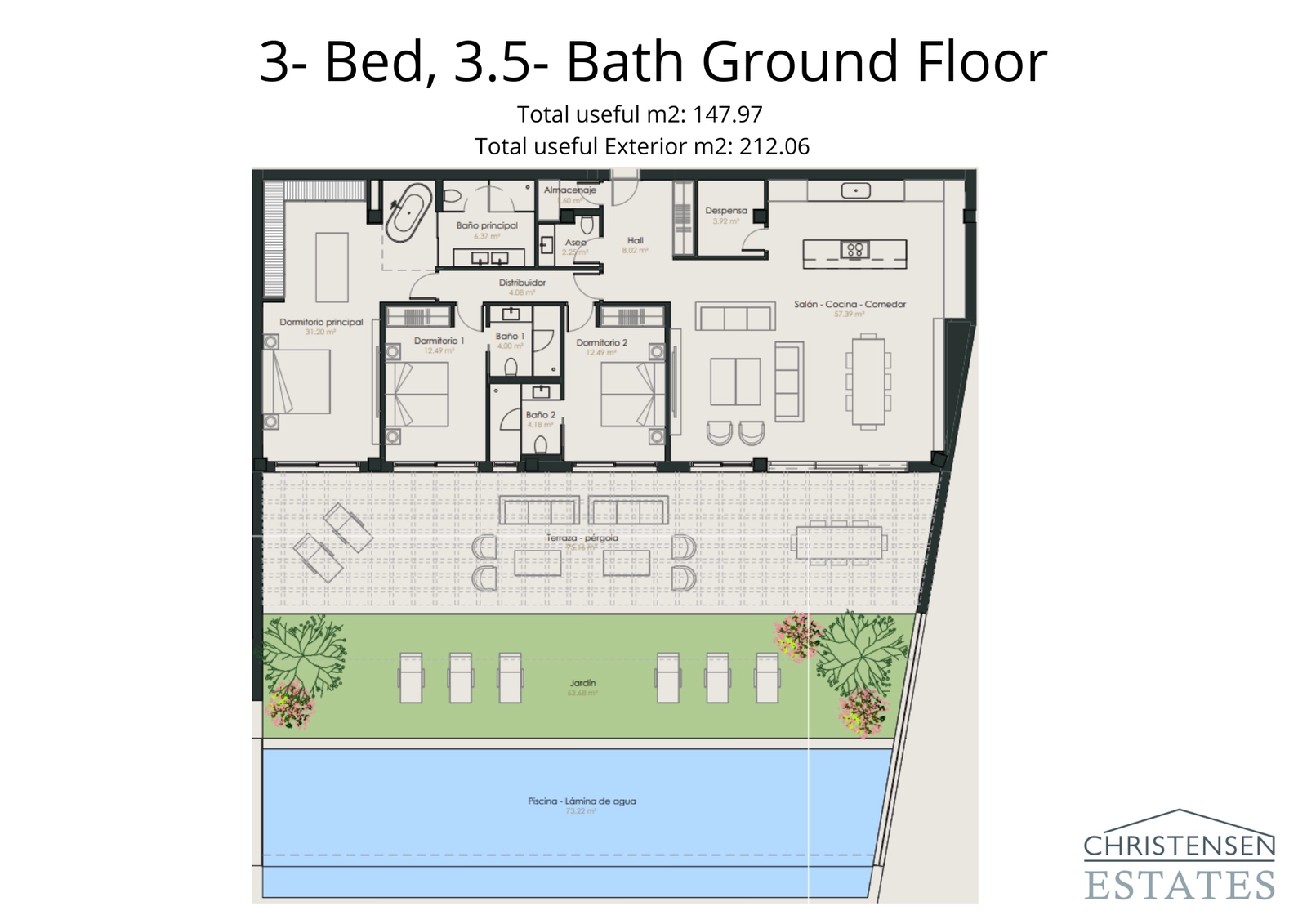 Dieses Dreizimmer-Erdgeschosshaus verbindet geräumige Innenräume mit einer großzügigen Terrasse, einem privaten Garten und einem Schwimmbad.