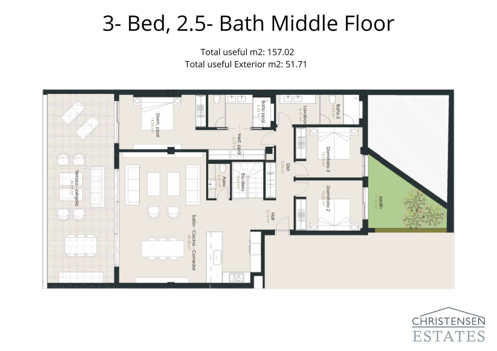Geräumiger Grundriss mit drei Schlafzimmern und einer großen, überdachten Terrasse, die den Wohnraum nach außen erweitert. Ideal für Familienleben.