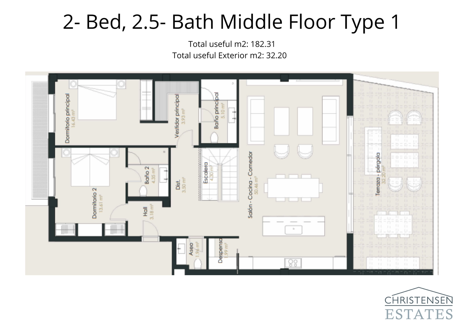 Dieser Grundriss der Zweizimmerwohnung bietet einen großzügigen offenen Wohnbereich, der auf eine geräumige Terrasse führt und sich perfekt für Unterhaltung eignet.