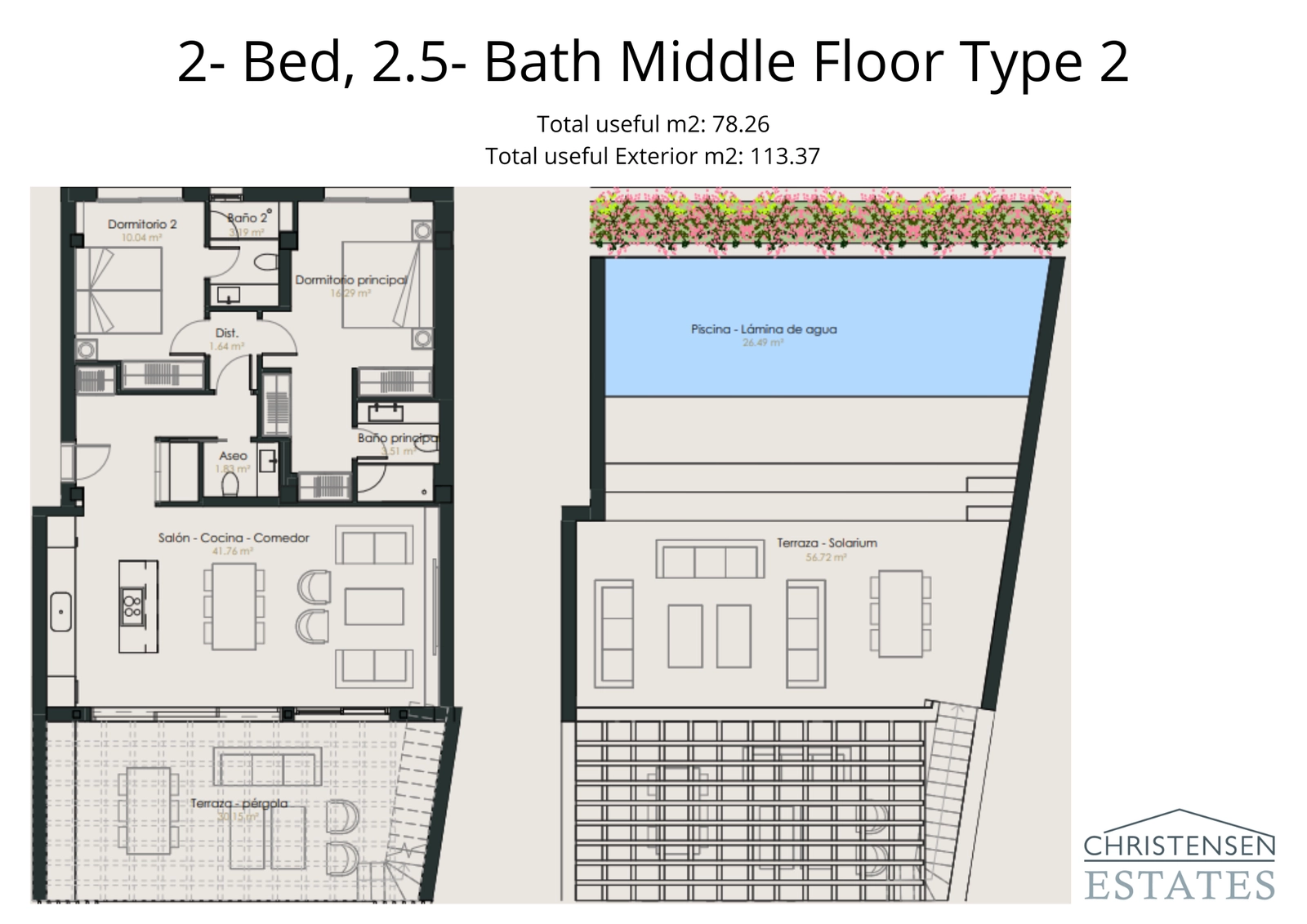 Eine durchdacht gestaltete Zweizimmerwohnung mit einem weitläufigen Dachsolarium und einem privaten Pool für ultimative Entspannung.