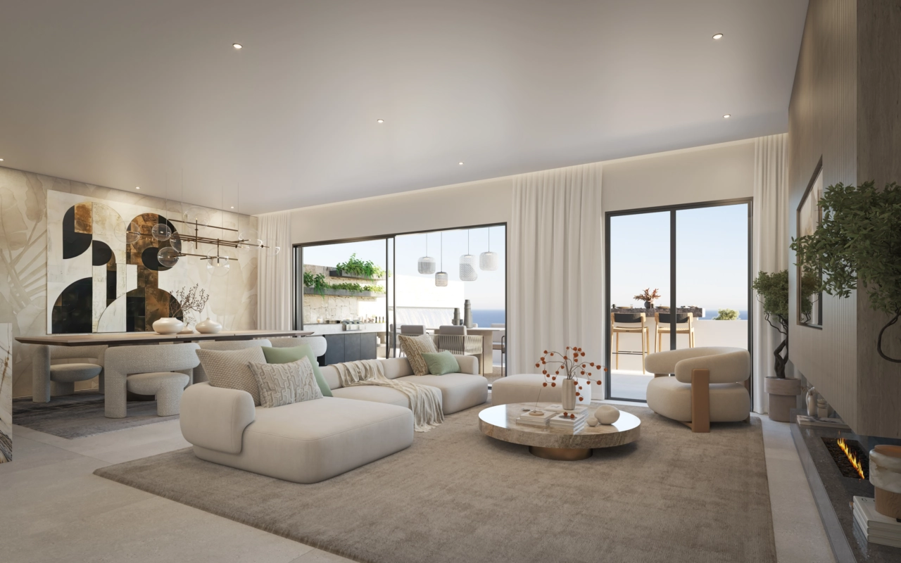 Der helle, offene Wohnbereich ist nahtlos mit dem großzügigen Außenbereich verbunden.