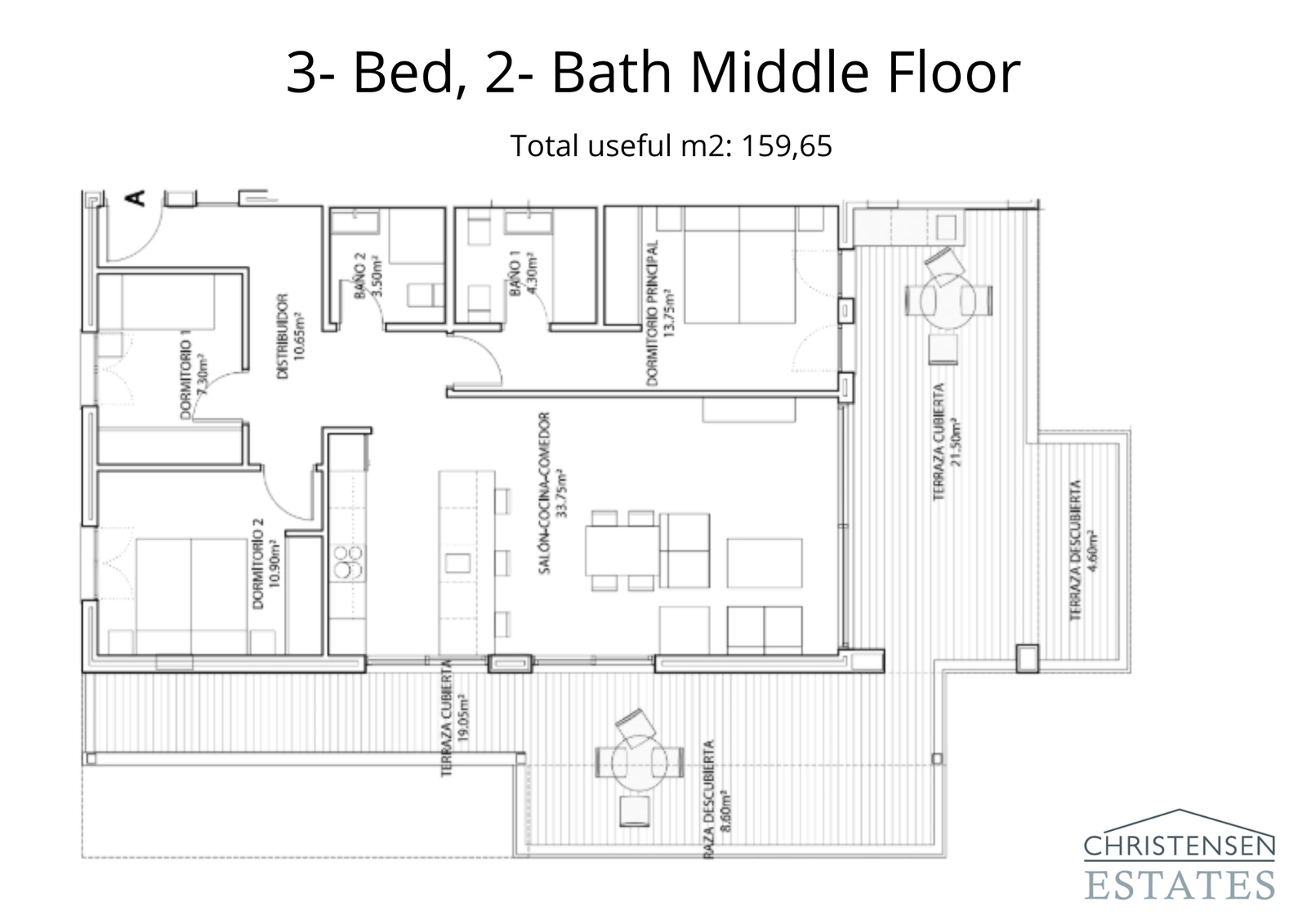 Ein gut durchdachter Grundriss mit drei Schlafzimmern im mittleren Stockwerk, der geräumige Terrassen bietet, die den Wohnraum nach außen erweitern, perfekt um das mediterrane Klima zu genießen.