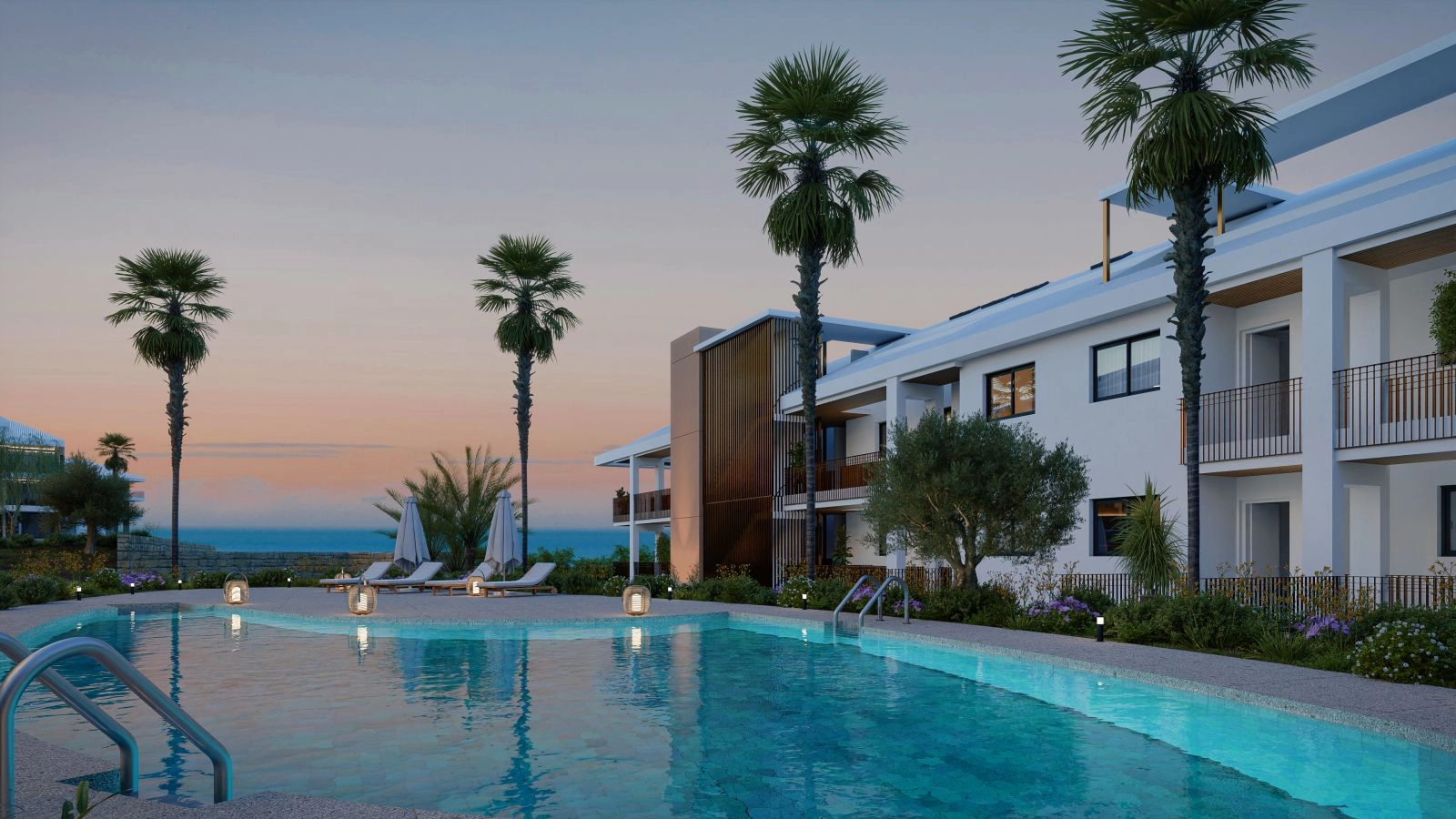 Der Gemeinschaftspoolbereich in der Abenddämmerung, ein perfekter Ort zum Entspannen und den Sonnenuntergang zu genießen.