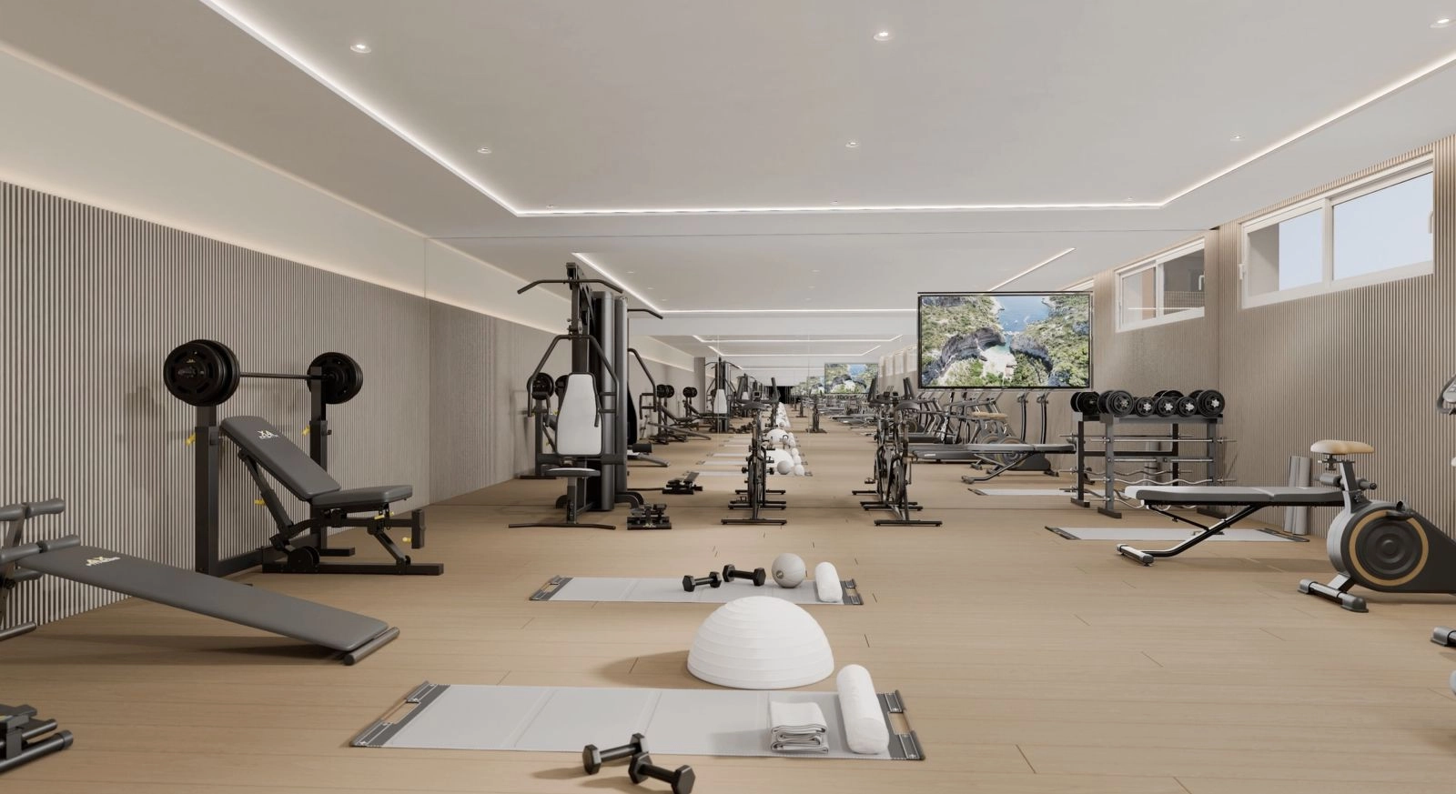 Das hochmoderne Fitnessstudio, komplett ausgestattet für alle Ihre Fitnessbedürfnisse.