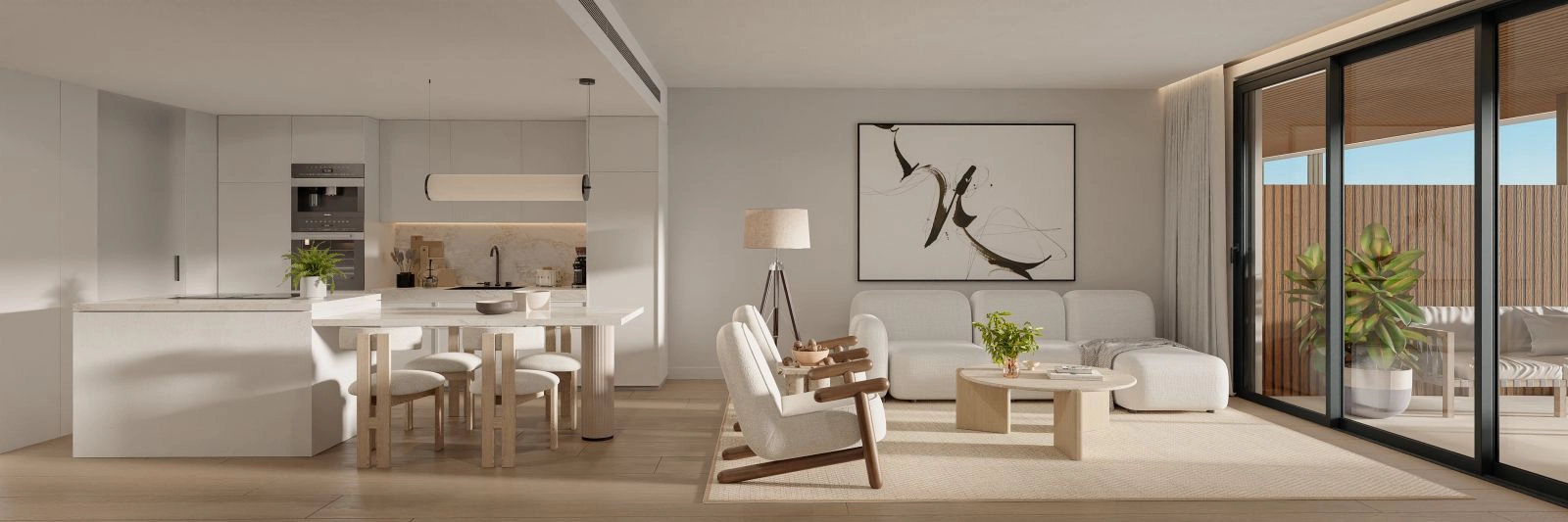 Eine voll ausgestattete, moderne Küche mit hochwertigen Geräten und elegantem Design.