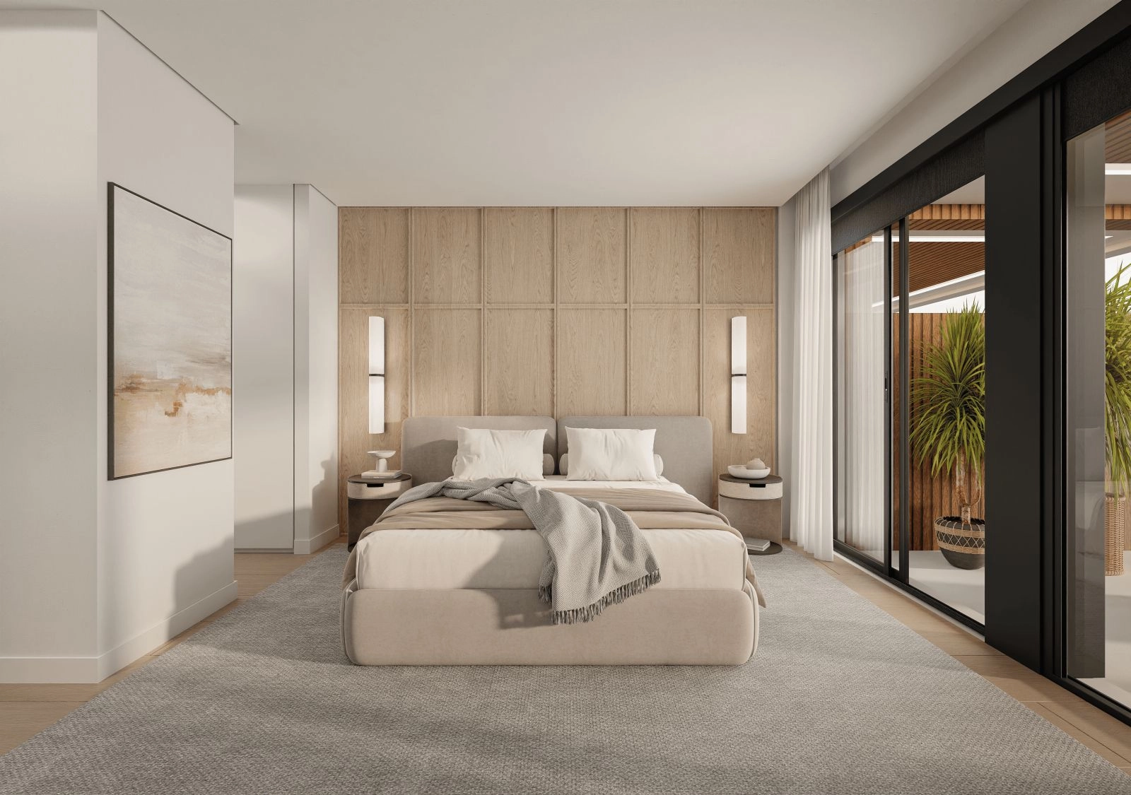 Die ruhige Master-Suite bietet direkten Zugang zur Außenterrasse und zu den Ausblicken.