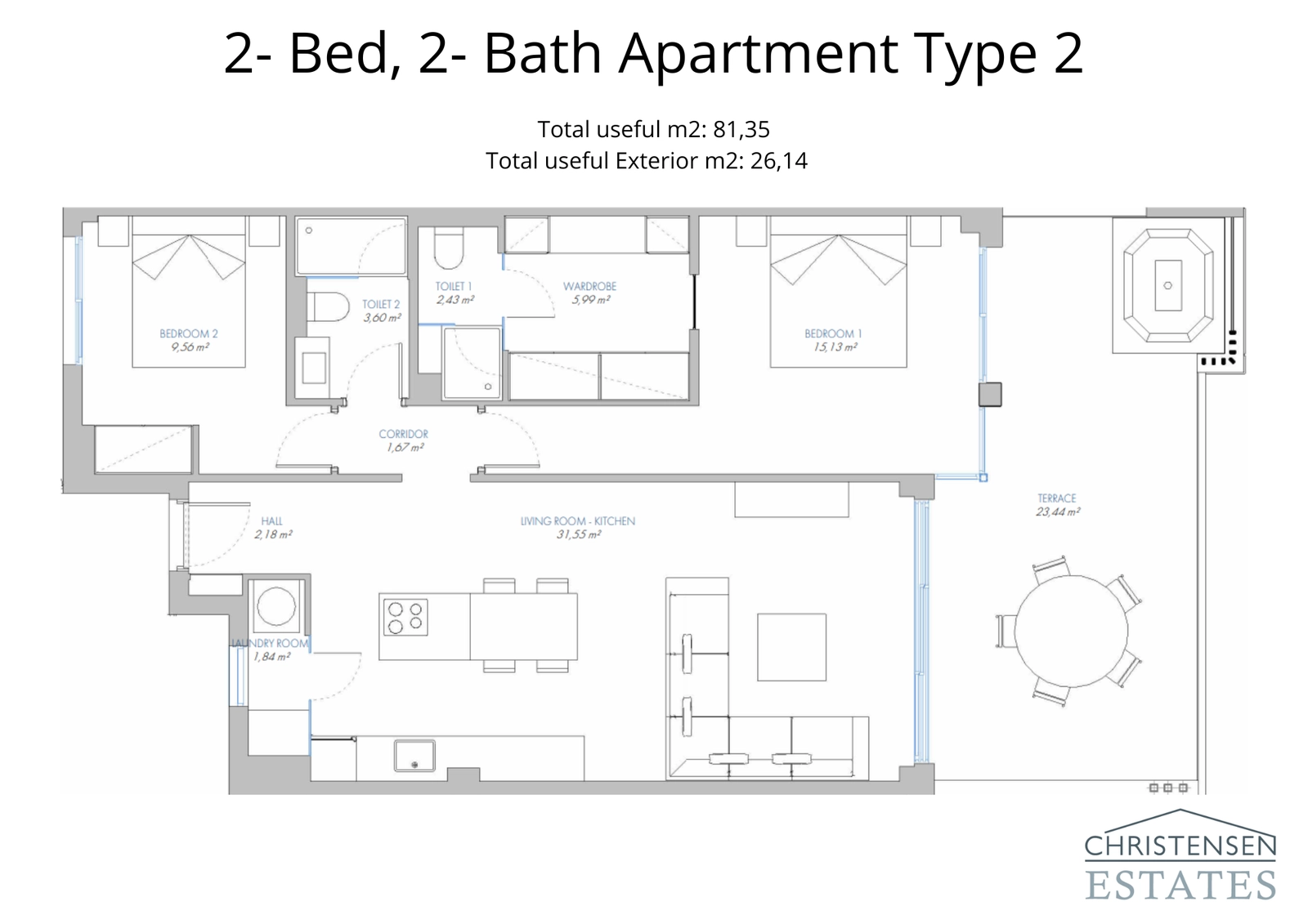 Ein alternatives Zwei-Schlafzimmer-Wohnungsdesign, das eine effiziente Raumnutzung und eine private Terrasse zum Genießen der Aussicht zeigt.