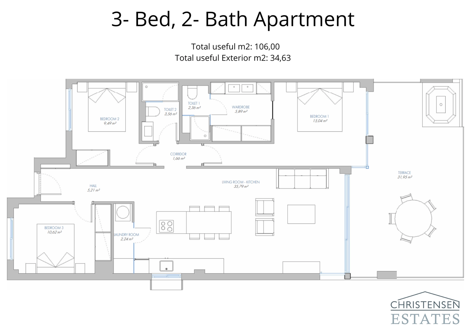 Großzügiger Drei-Schlafzimmer-Grundriss, konzipiert für Familienleben, mit nahtlosem Übergang zwischen Wohnbereichen und Außenbereichen.