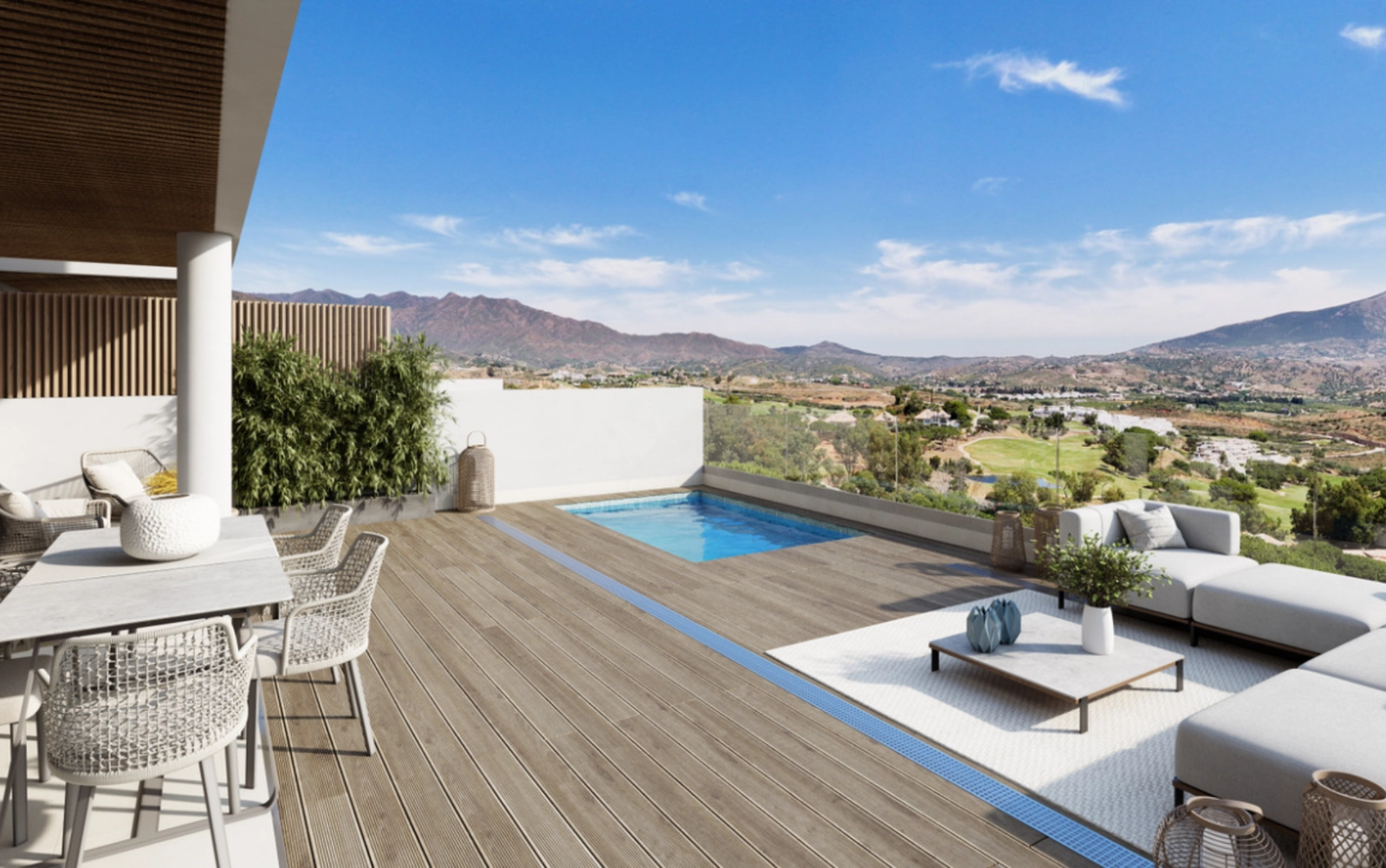 Eine beeindruckende private Dachterrasse mit Pool und Panoramablick über die Berge von Mijas und den Golfplatz.