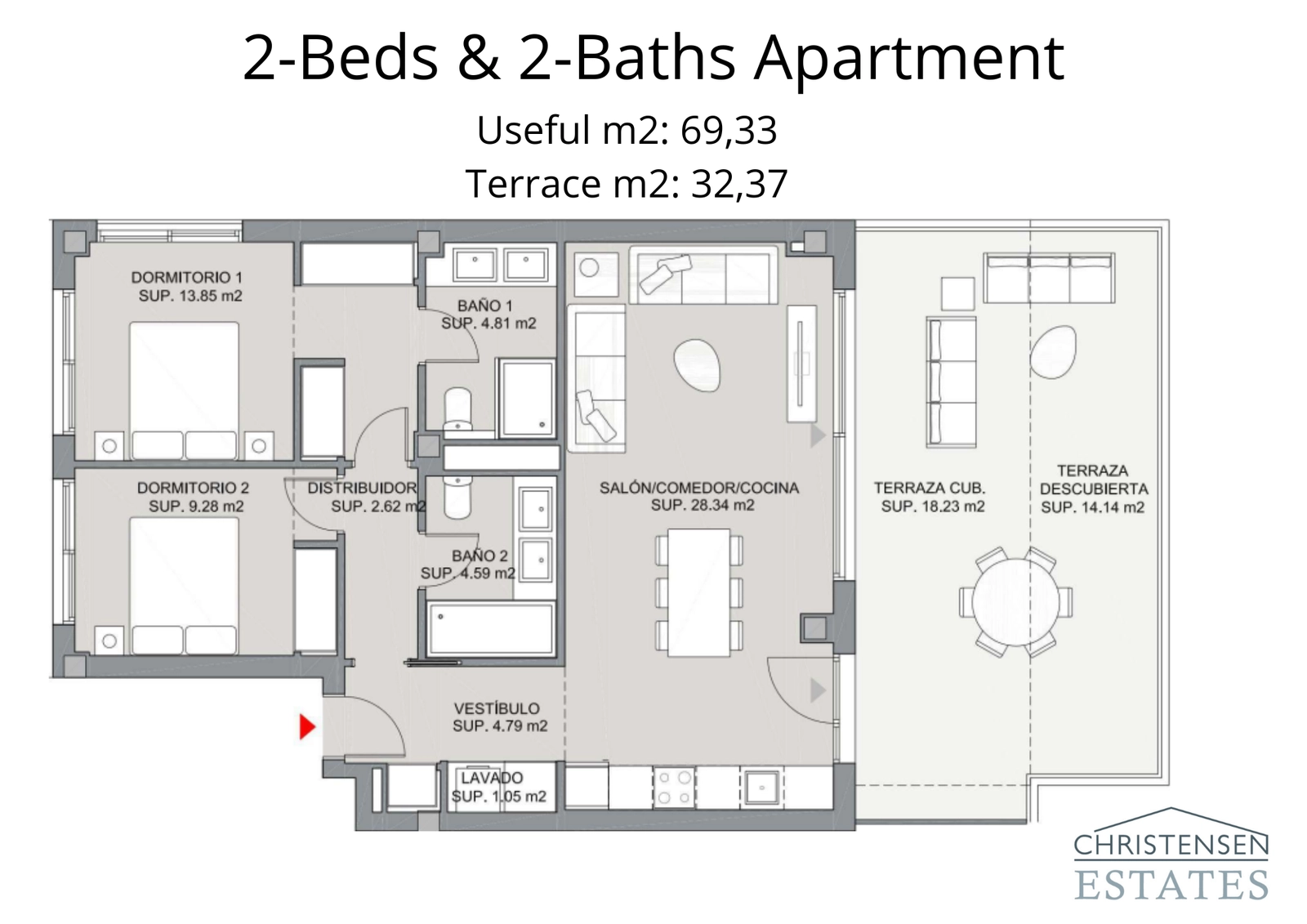 Dieser Grundriss der Zweizimmerwohnung bietet einen offenen Wohnbereich, der auf eine großzügige Terrasse übergeht, ideal, um die Aussicht zu genießen.