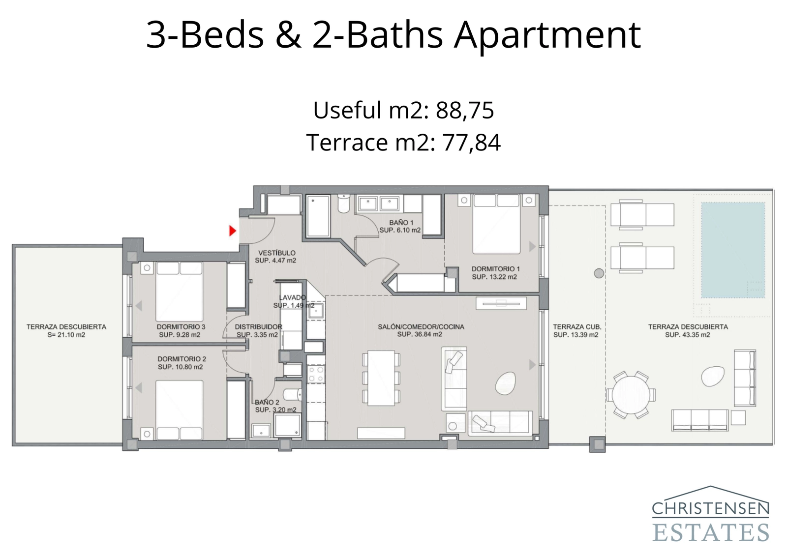 Der Grundriss der Dreizimmerwohnung bietet großzügige Wohnbereiche und mehrere Terrassen, die viel Platz für Familie und Gäste in einem luxuriösen Ambiente bieten.