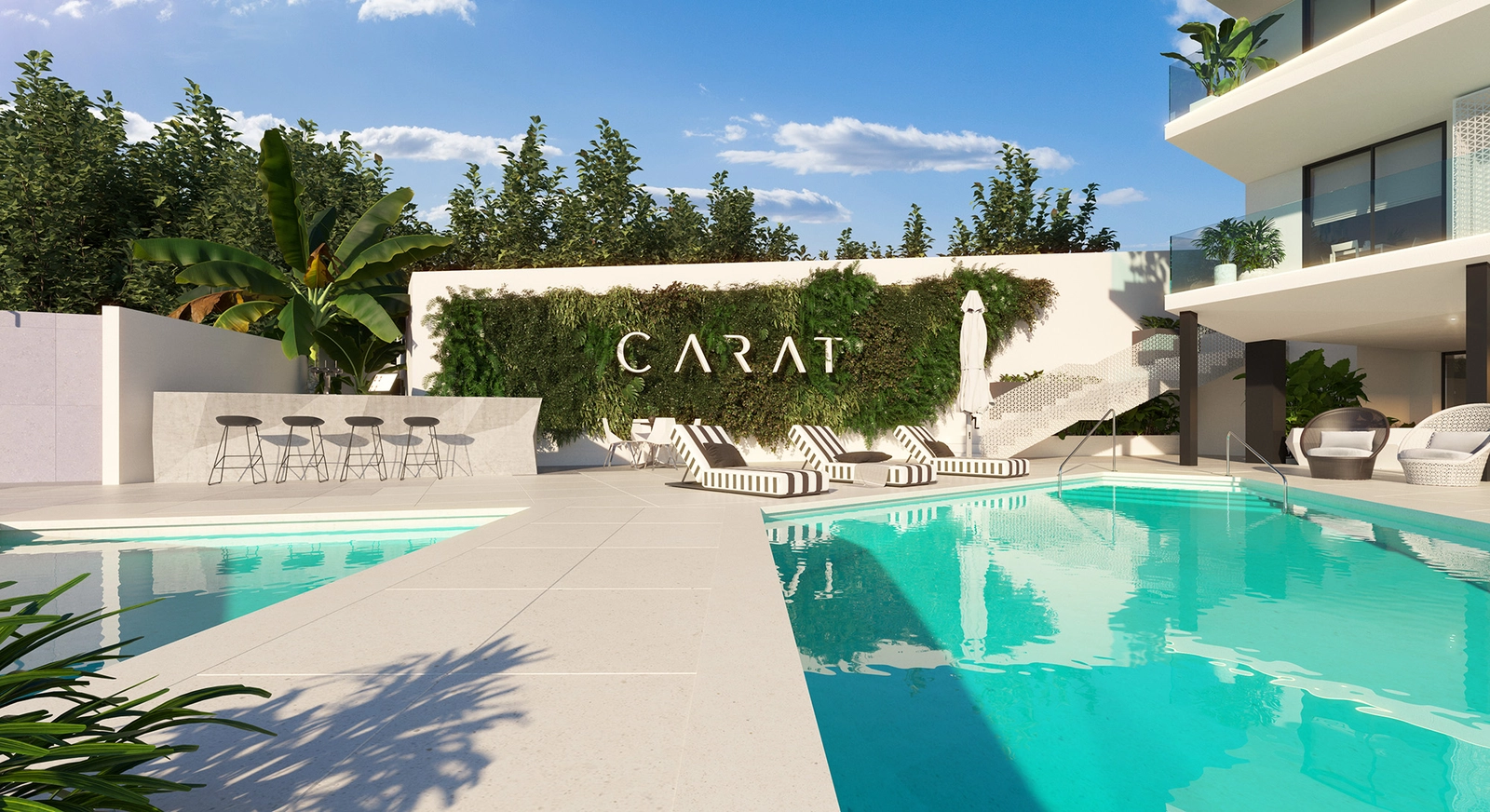 Der Gemeinschaftspool und der Loungebereich bieten einen perfekten Rückzugsort für sonnige Nachmittage.