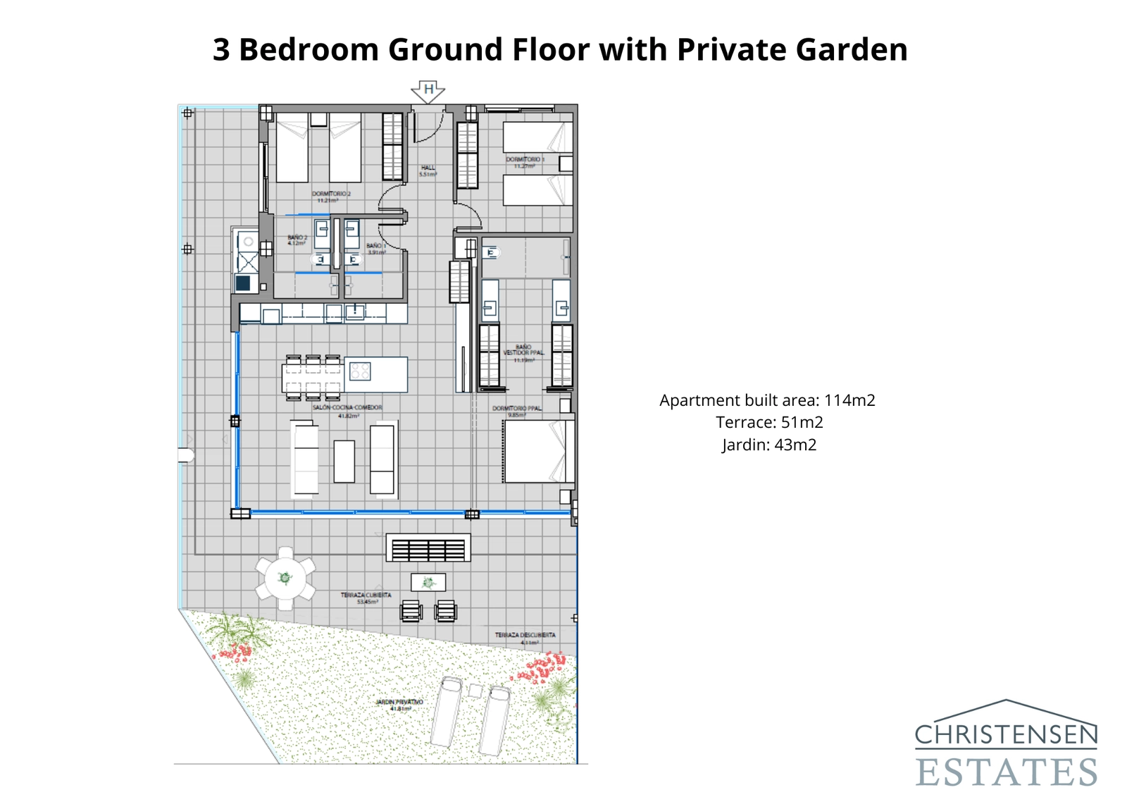 Geräumiger Grundriss einer Drei-Zimmer-Erdgeschosswohnung, der nahtlos in eine großzügige Terrasse und einen privaten Garten übergeht, perfekt für das Leben im Freien.