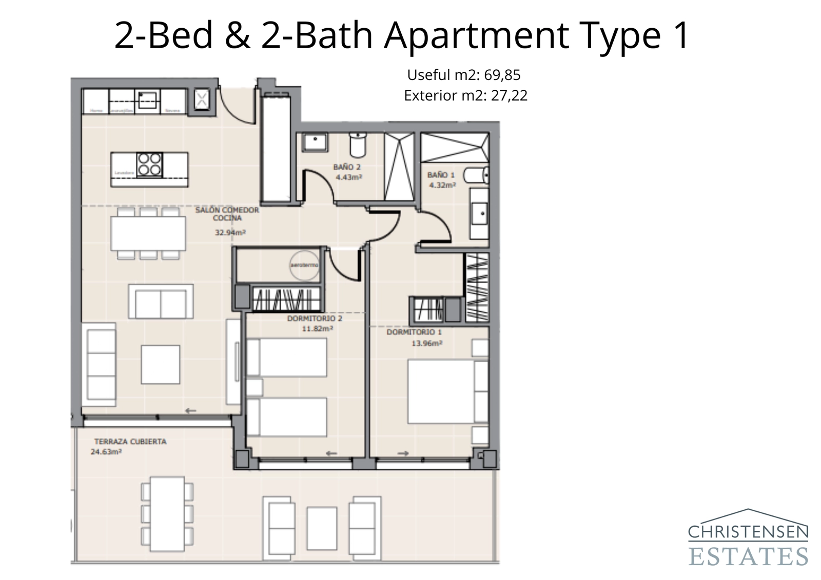 Dieser Grundriss mit zwei Schlafzimmern verfügt über einen großzügigen offenen Wohnbereich, der sich auf eine große Terrasse erstreckt und sich perfekt für das Wohnen im Innen- und Außenbereich eignet.