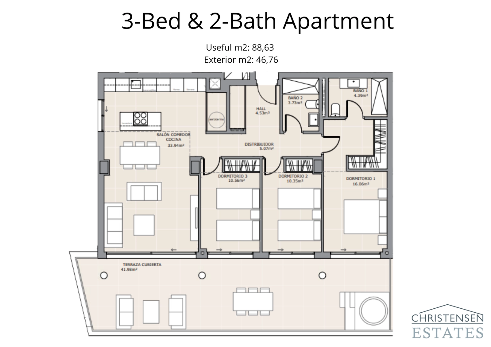 Eine geräumige Drei-Schlafzimmer-Wohnung mit einer großen Terrasse, die vom Hauptwohnbereich zugänglich ist und viel Platz für Familien bietet.