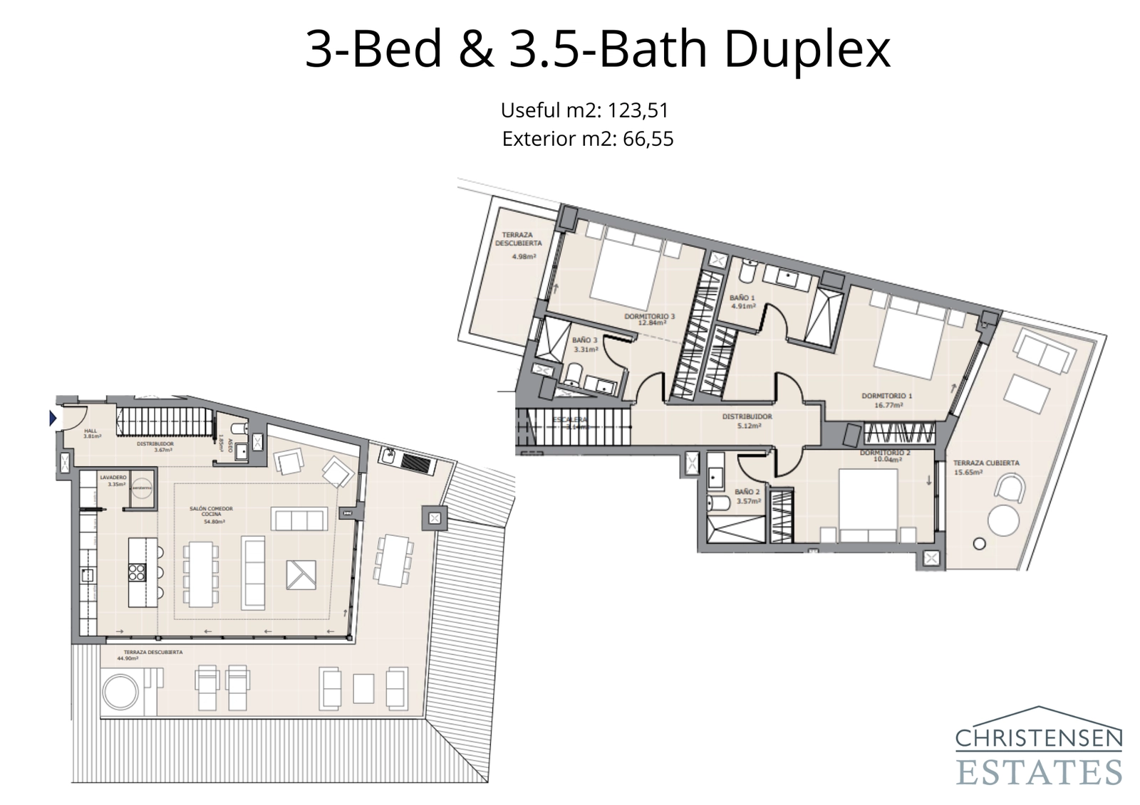 Der Grundriss der Duplex-Dachgeschosswohnung zeigt ein luxuriöses Wohnkonzept auf zwei Ebenen, das Gemeinschaftsbereiche von privaten Schlafzimmern für höchsten Komfort trennt.