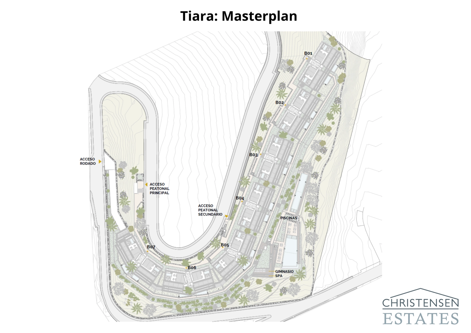 Der Masterplan veranschaulicht die durchdachte Positionierung der sieben Wohnblöcke, um Aussicht, Privatsphäre und Zugang zu den Gemeinschaftsgärten und Pools zu maximieren.