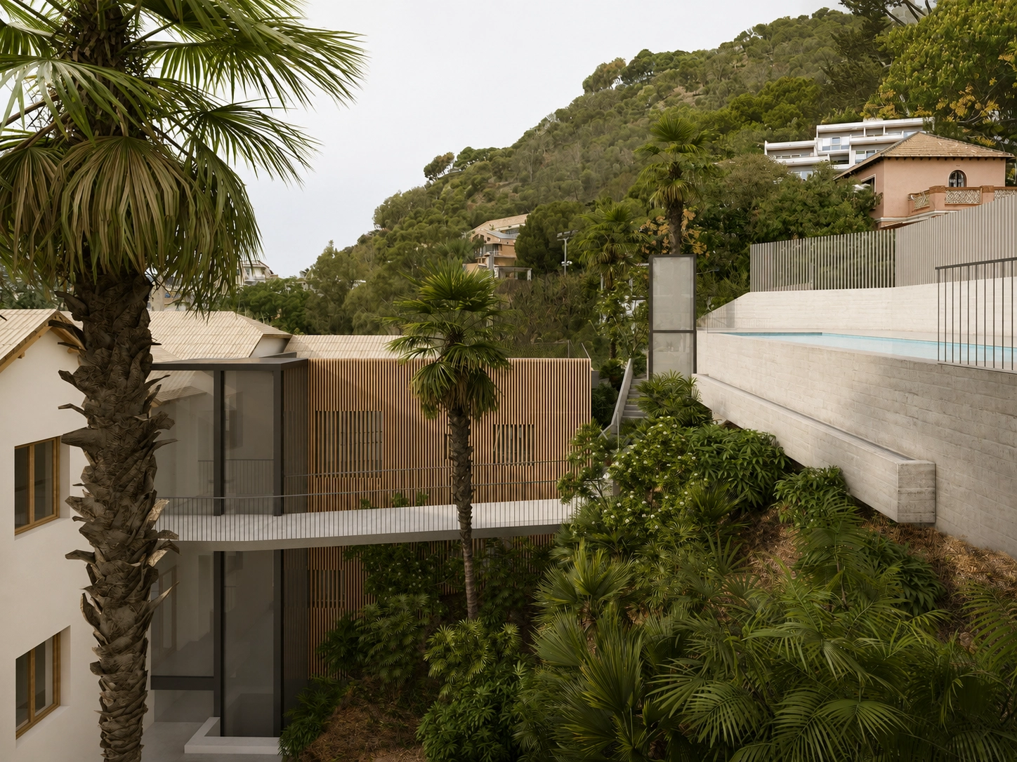 Das Projekt verbindet moderne Architekturelemente mit üppiger, natürlicher Landschaftsgestaltung für eine ruhige Atmosphäre.
