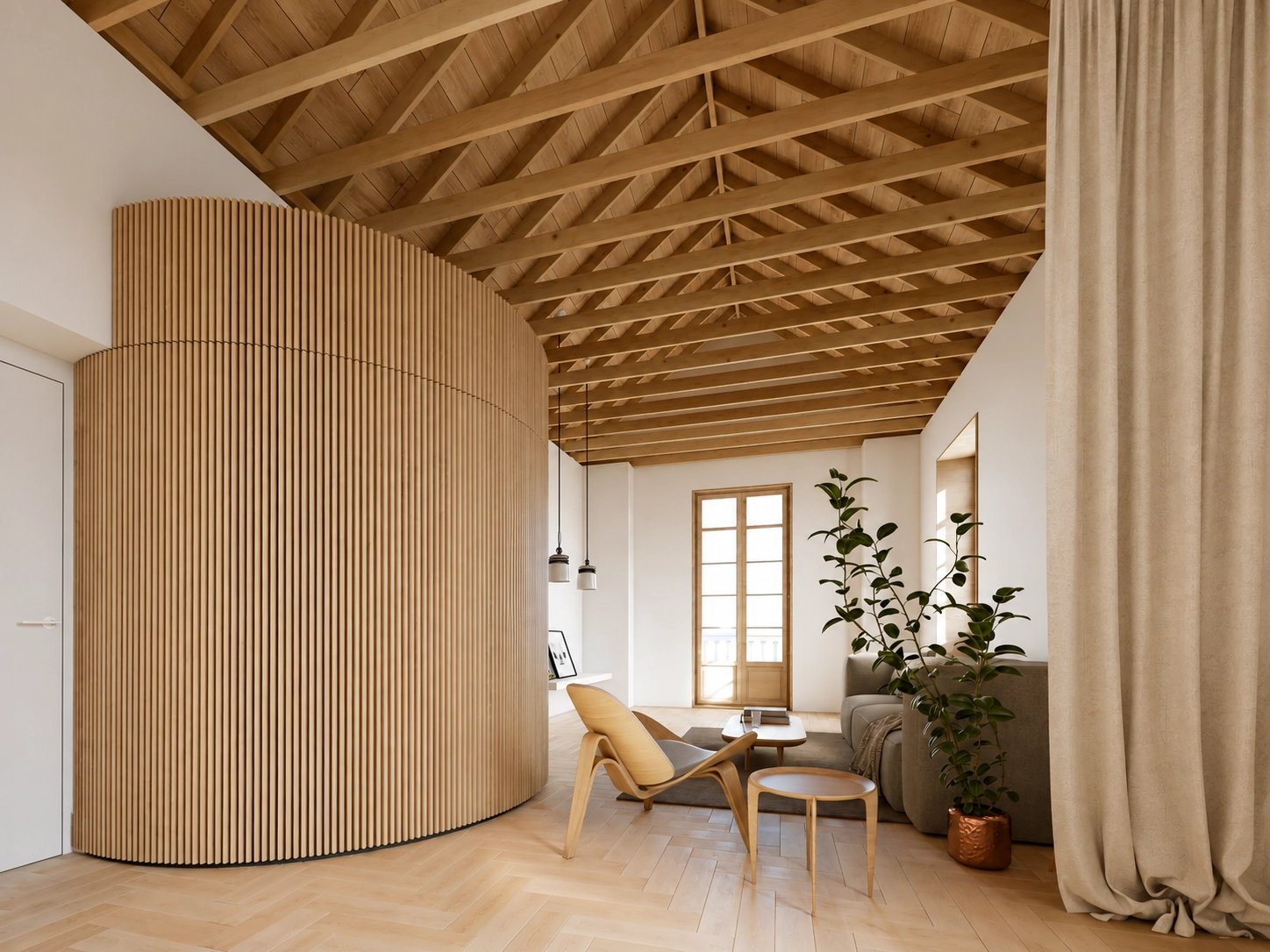 Helle und luftige Wohnzimmer mit freiliegenden Holzbalkendecken schaffen eine warme und einladende Atmosphäre.