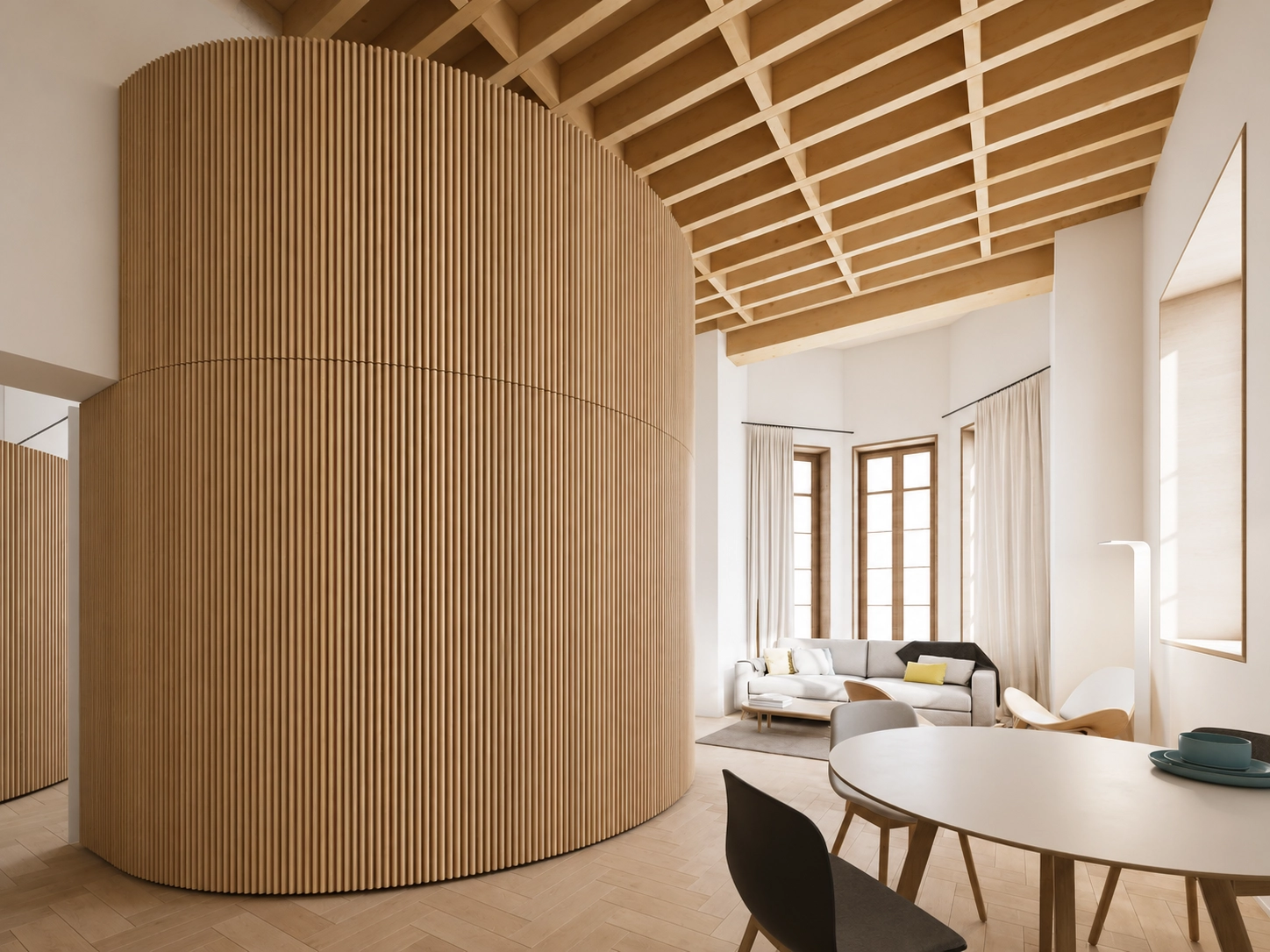 Die offenen Ess- und Wohnbereiche sind für modernes Wohnen konzipiert, mit einzigartigen architektonischen Details.