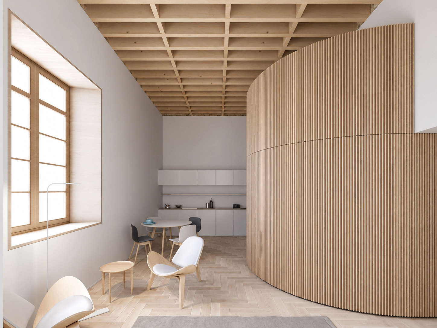 Ein Blick auf die nahtlose Integration von Küchen- und Essbereich, geprägt von klarem Design und Naturholz.