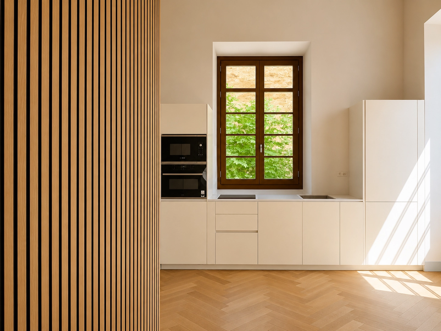 Elegante, voll ausgestattete Küchen verbinden Funktionalität mit minimalistischer Ästhetik für einen modernen Kochbereich.
