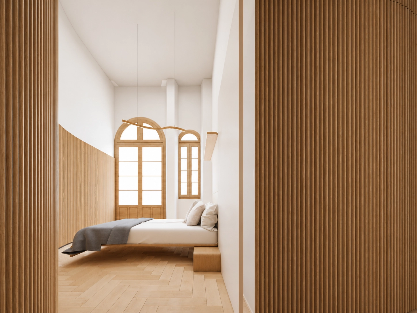 Schlafzimmer sind als friedliche Rückzugsorte konzipiert, mit Naturholzböden und minimalistischem Stil.