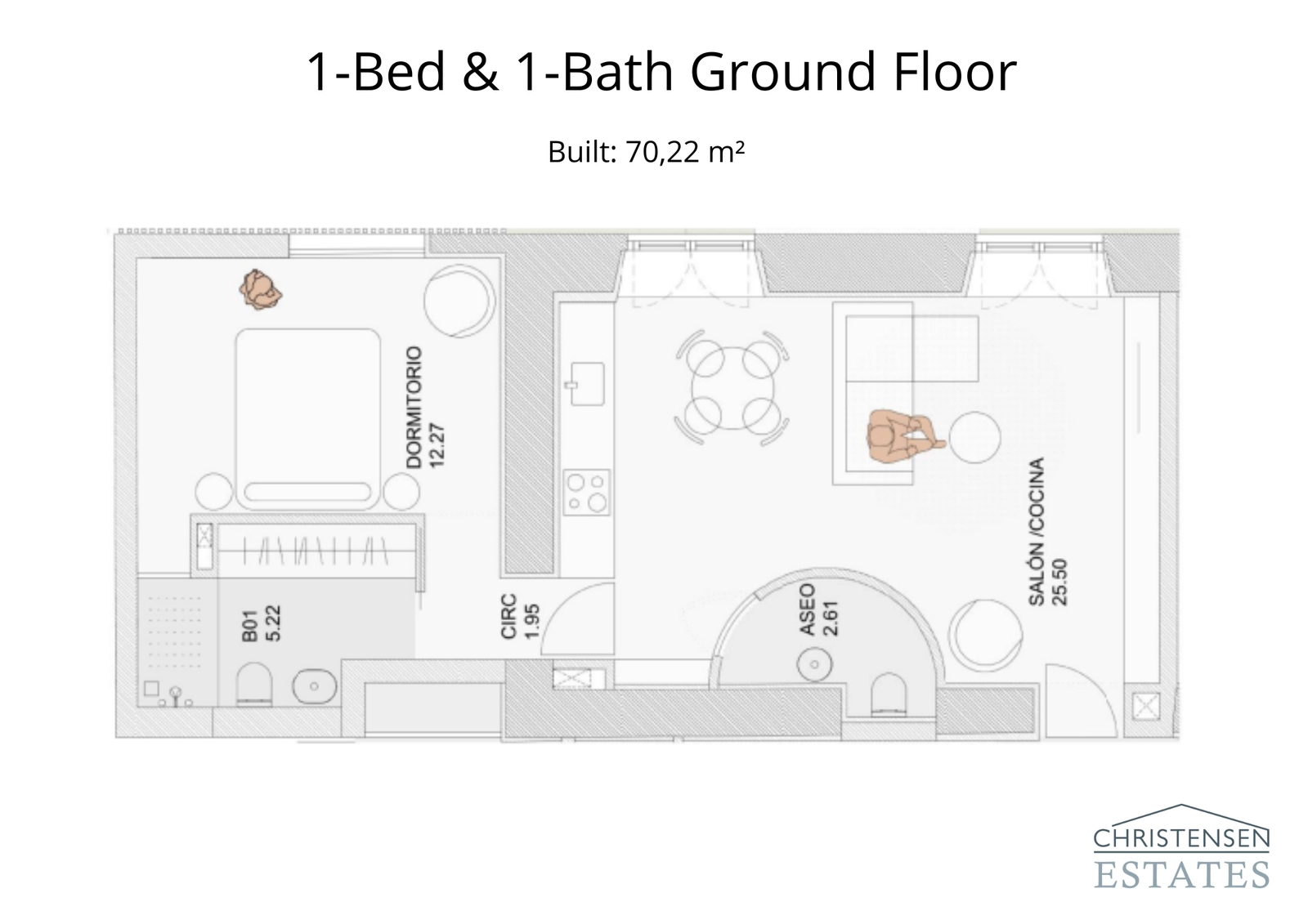 Dieser Grundriss mit einem Schlafzimmer zeigt eine effiziente Aufteilung mit einem kombinierten Wohn- und Küchenbereich, der einen hellen und offenen Wohnraum schafft.